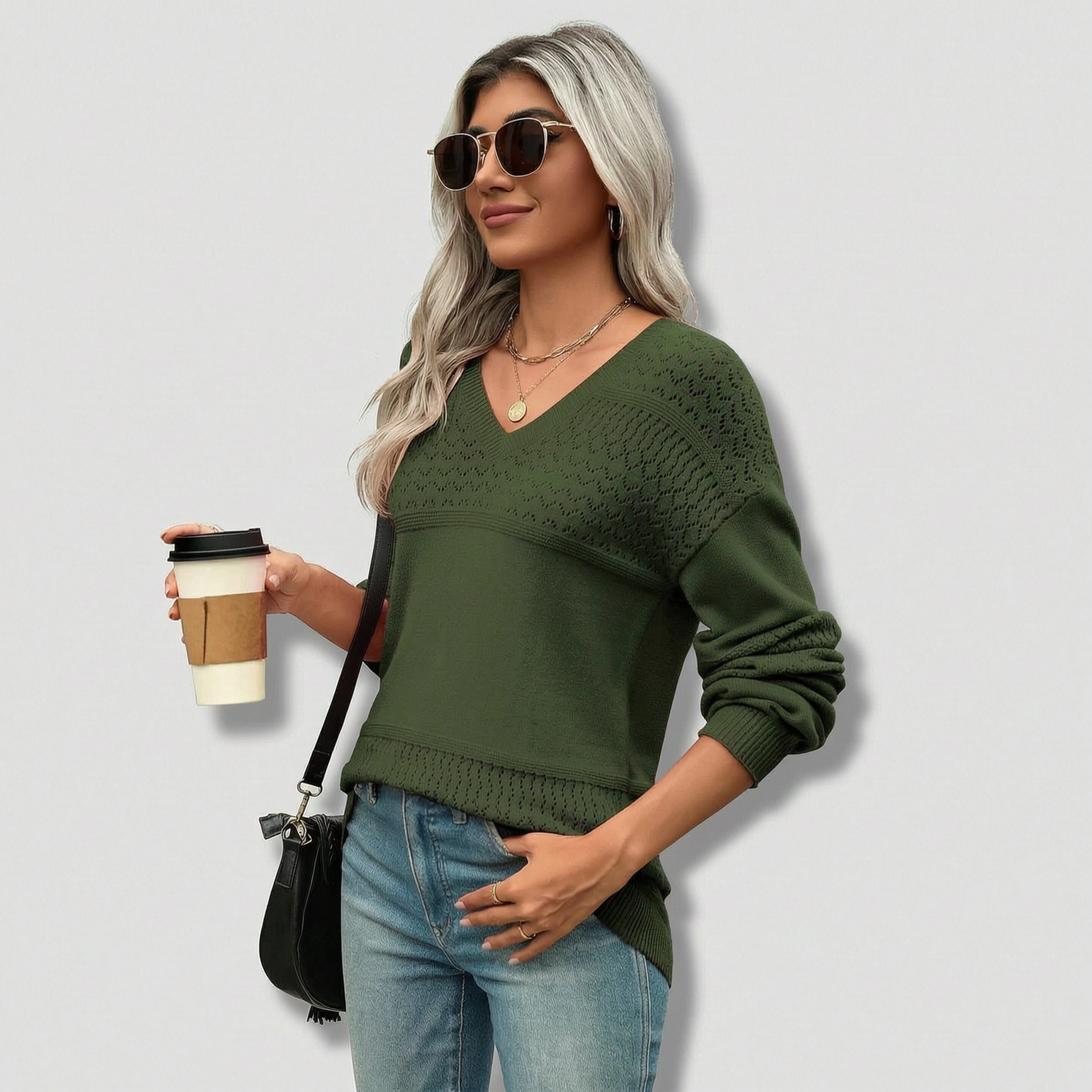 Zeagoo Women's Batwing Long Sleeve Ribbed Knit V-Neck Crochet Pullover