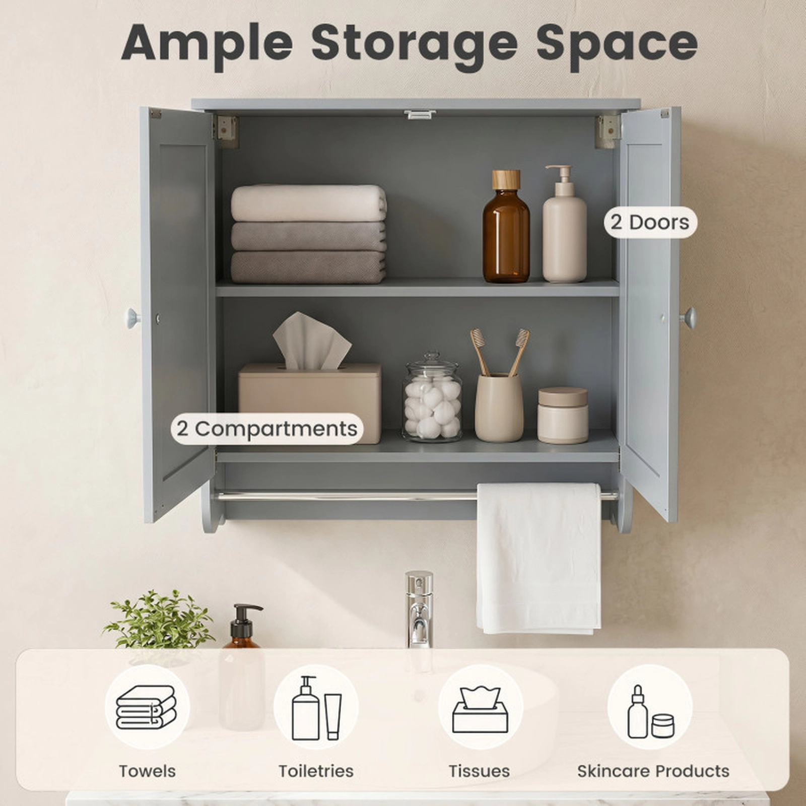SUGIFT Gray Wall Mounted Bathroom Storage Medicine Cabinet with Towel Bar and 3-Level Adjustable Shelf