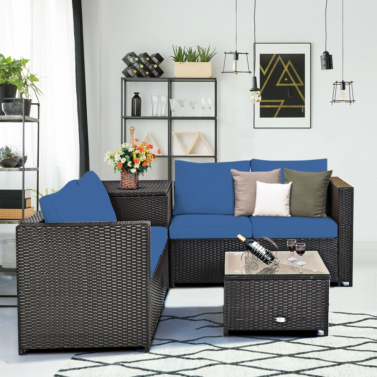 SUGIFT Navy Cushioned Loveseat and Storage End Table 4-Piece Patio Rattan Sectional Set