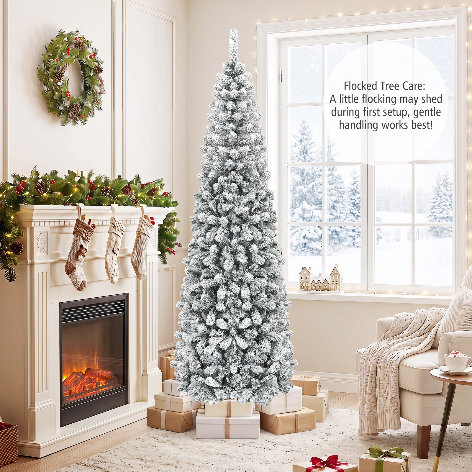 Costway 6 FT Unlit Flocked Pencil Christmas Tree Hinged with 500 Branch Tips