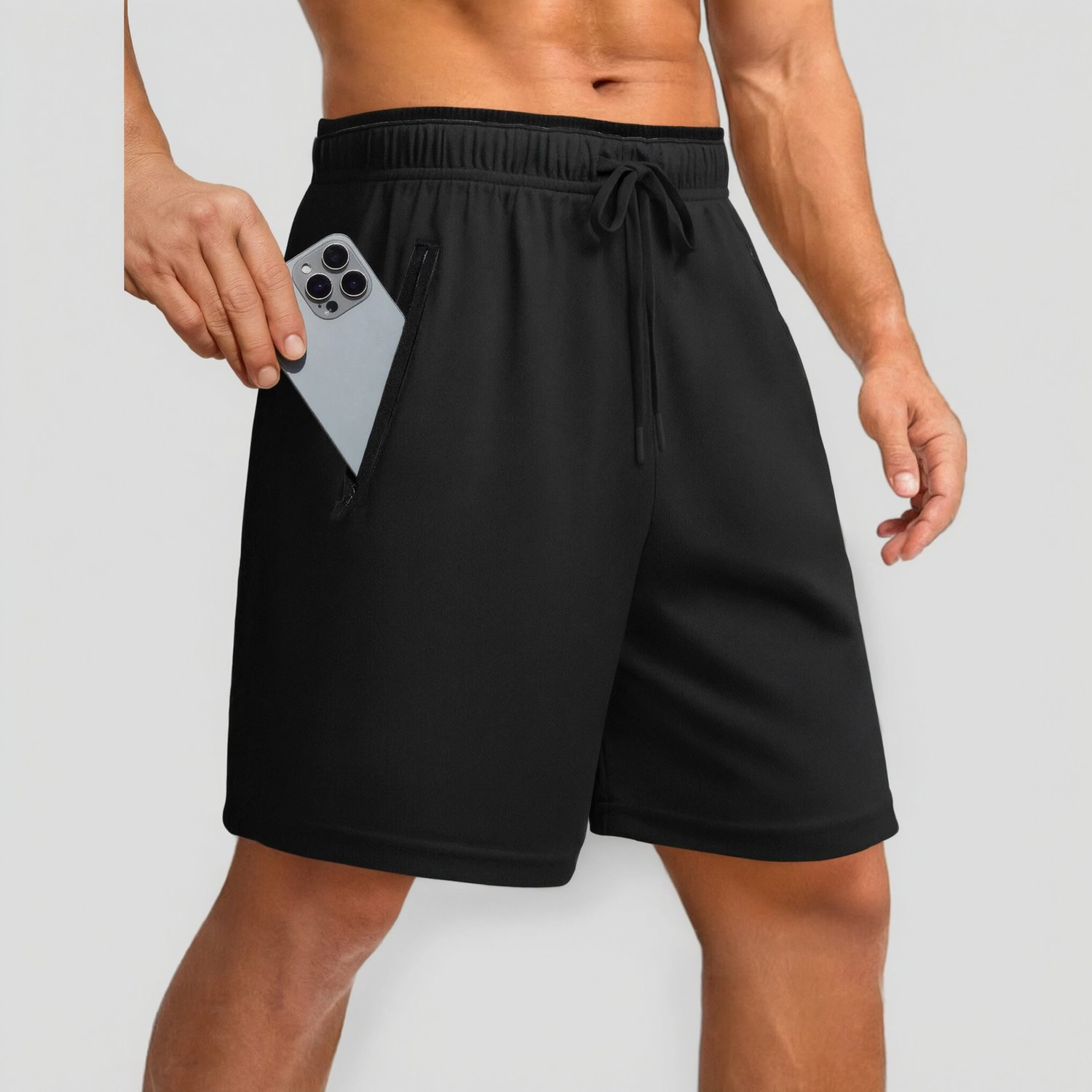 Pinspark Mens Solid Workout Shorts Elastic Waist Drawstring Zip Pockets Gym