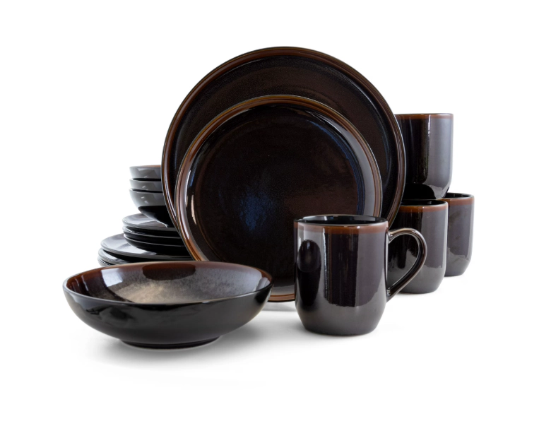 Elama Midnight Beach Unisex 16 Pieces Round Stoneware Dinnerware Set in Metallic Black