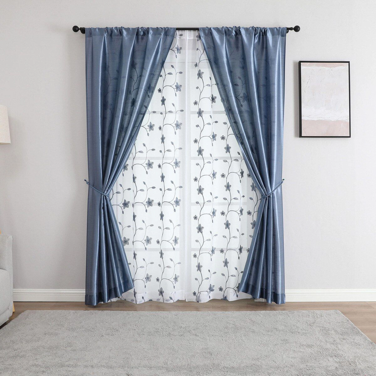 Kate Aurora Jasmine Embroidered 6 Piece Rod Pocket Coordinating Sheer Window Curtain Panels