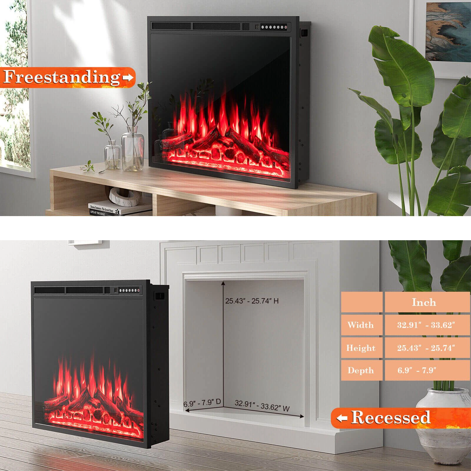 SlickBlue Electric Fireplace Heater for Living Room, 34/37 Inch Recessed or Freestanding Design