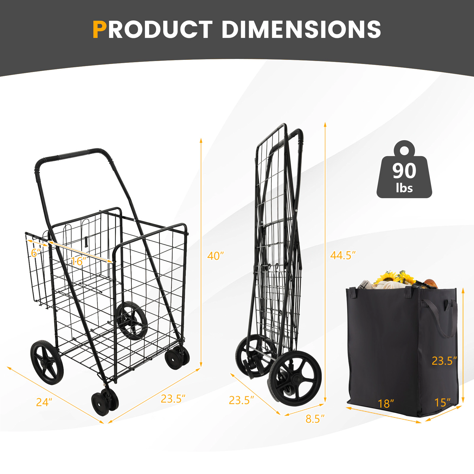 LJG Folding Rolling Shopping Cart with Waterproof Liner and Basket