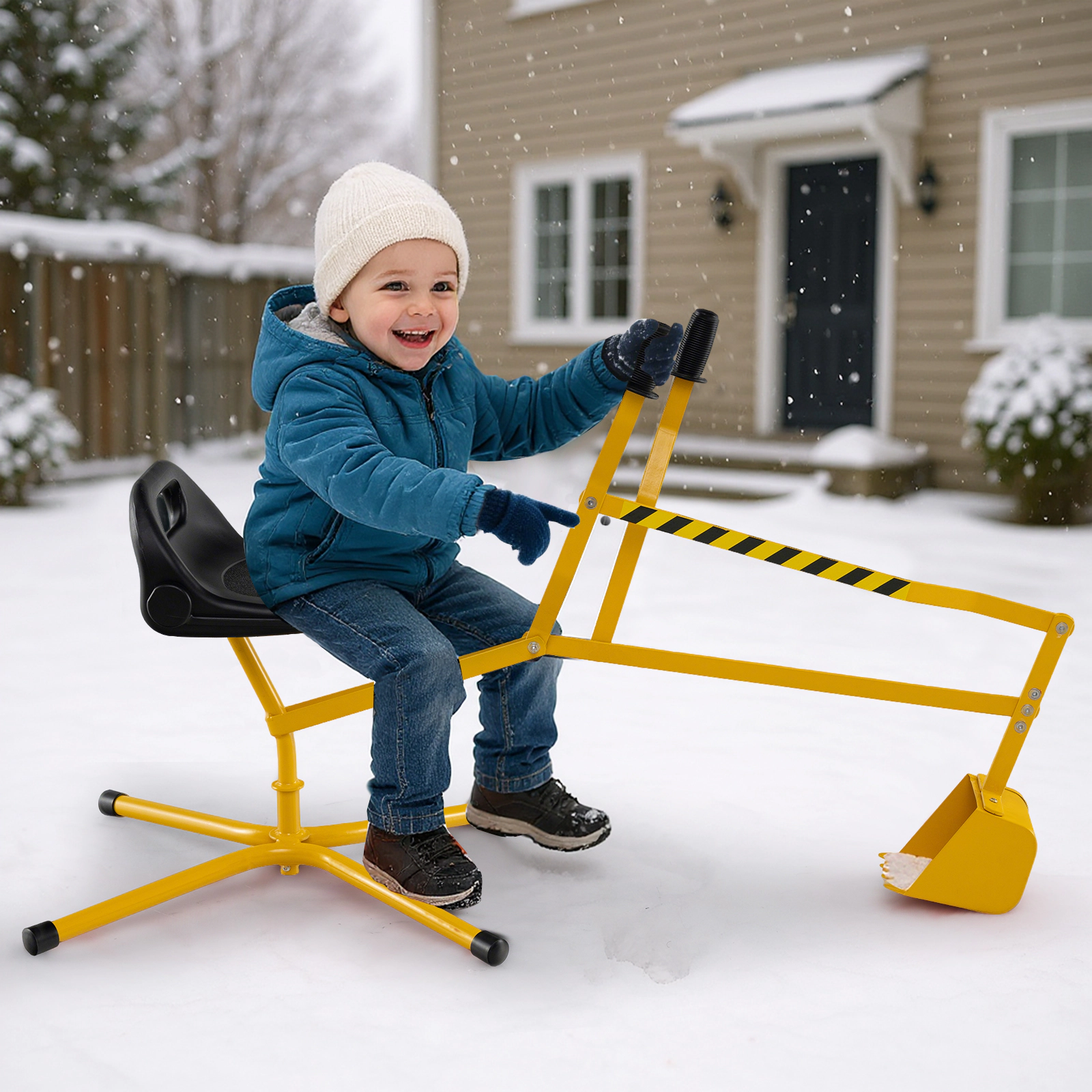 Kids Sand Digger Excavator Toy Criss-Cross Base 2-Handed Shovel Levers 360-Degree Seat 110-lb Limit Ages 3+ Yellow