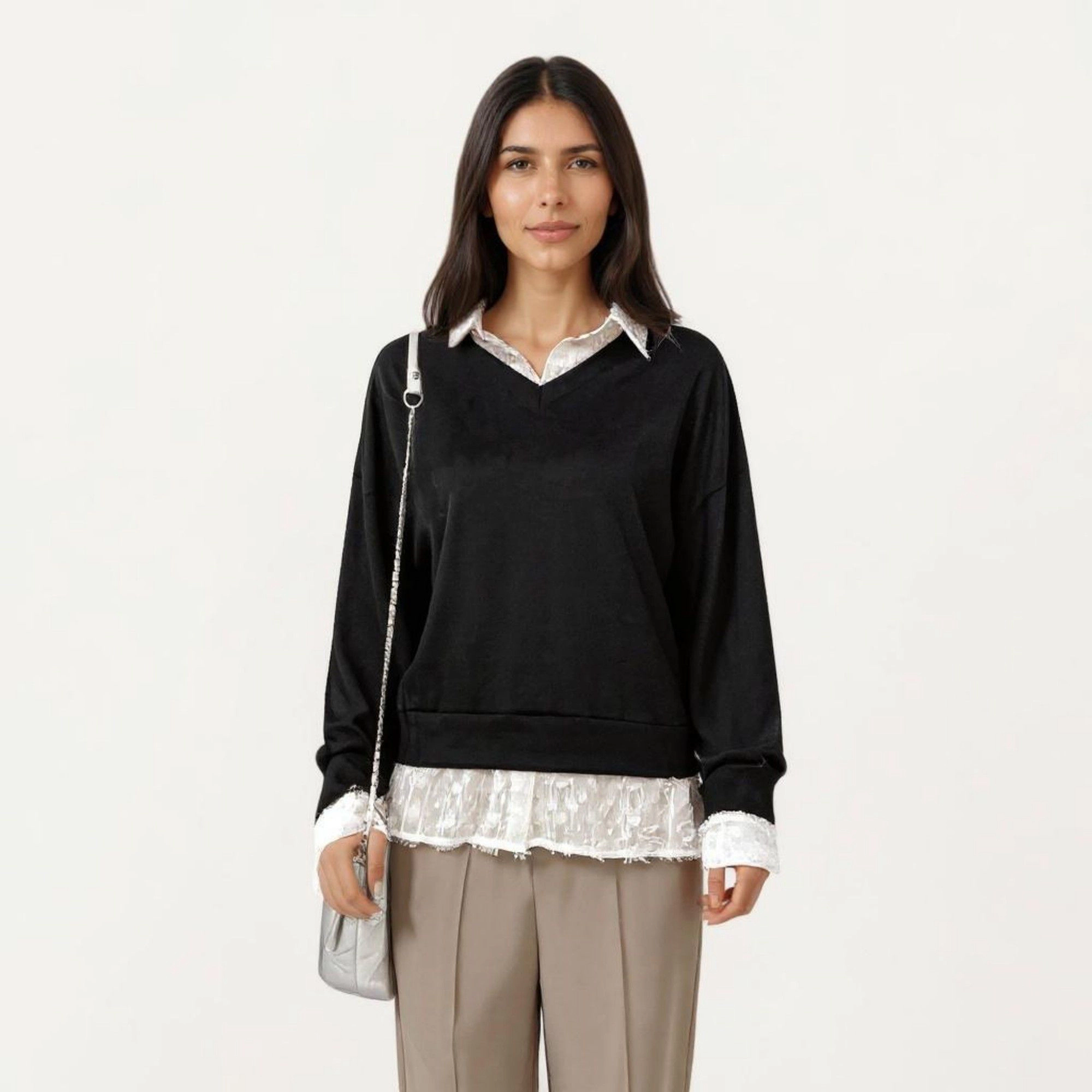 Anna-Kaci Women's Layered V-Neck Pullover Top with Lace Hem Long Sleeves