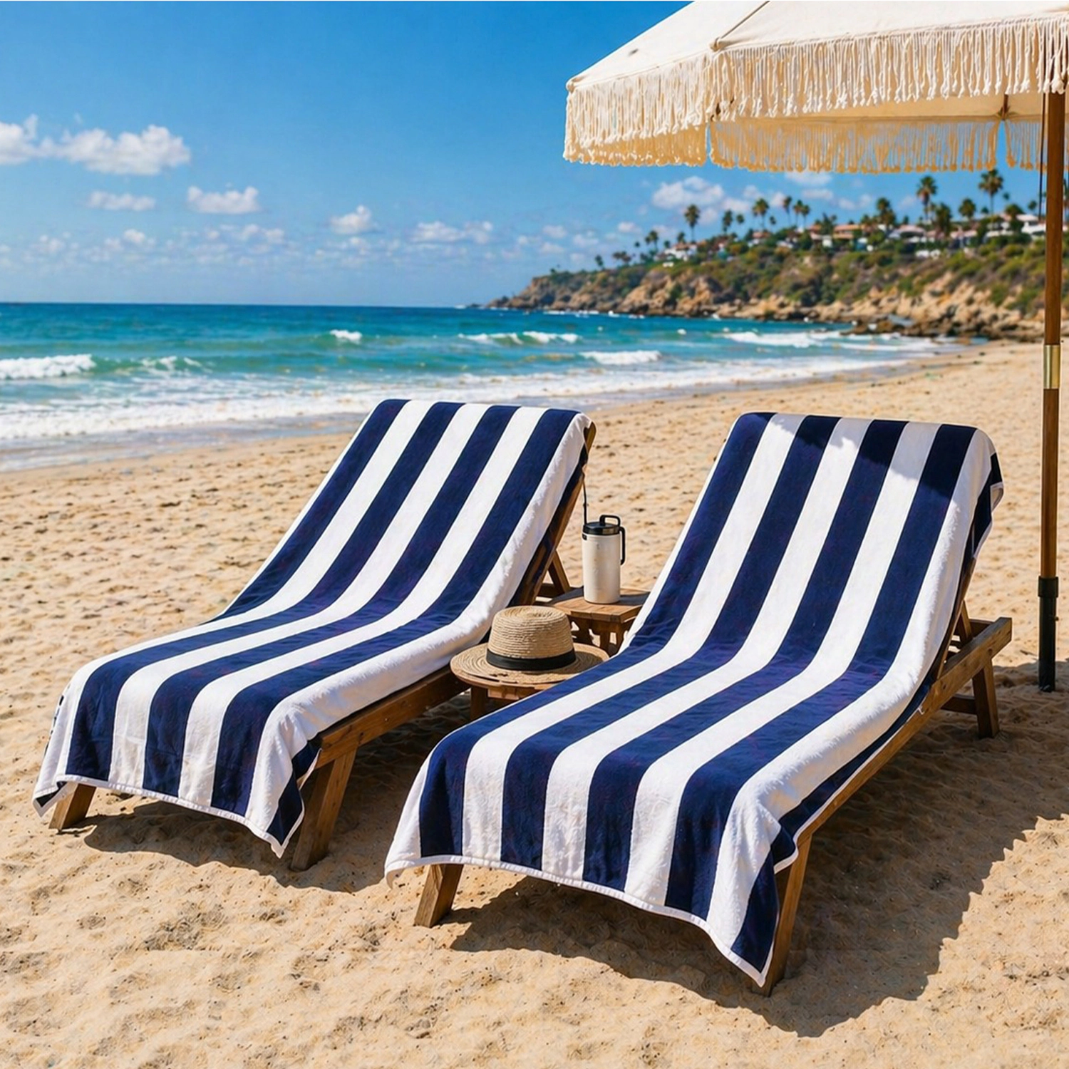 Plazatex Cabana Terry Cloth Stripe 80% Cotton 20% Polyester 2 Pack Beach Bath Towel 36" x 66" Navy