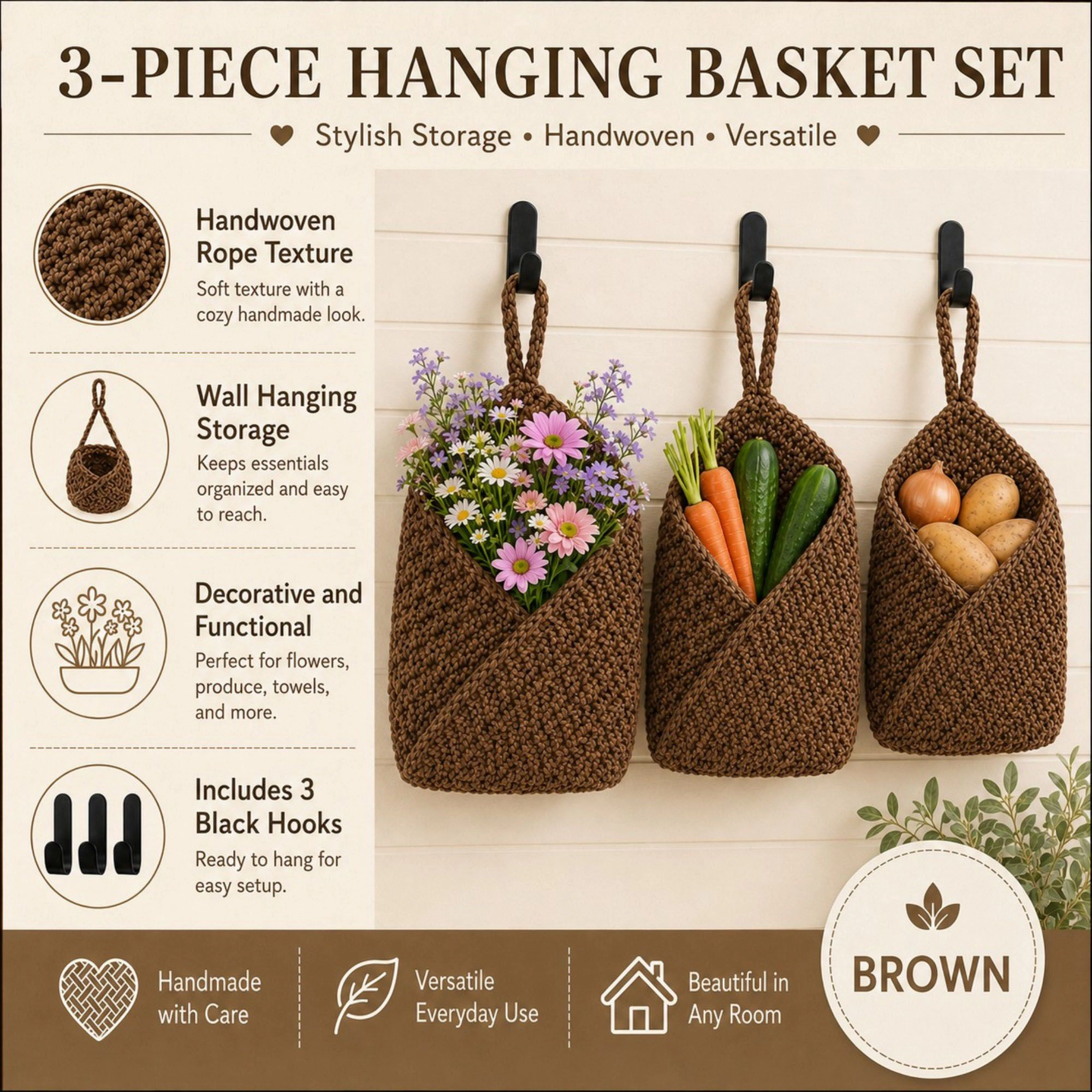 Alilang Unisex Woven Cotton Rope Hanging Basket Set Wall Storage Organizer with Hooks