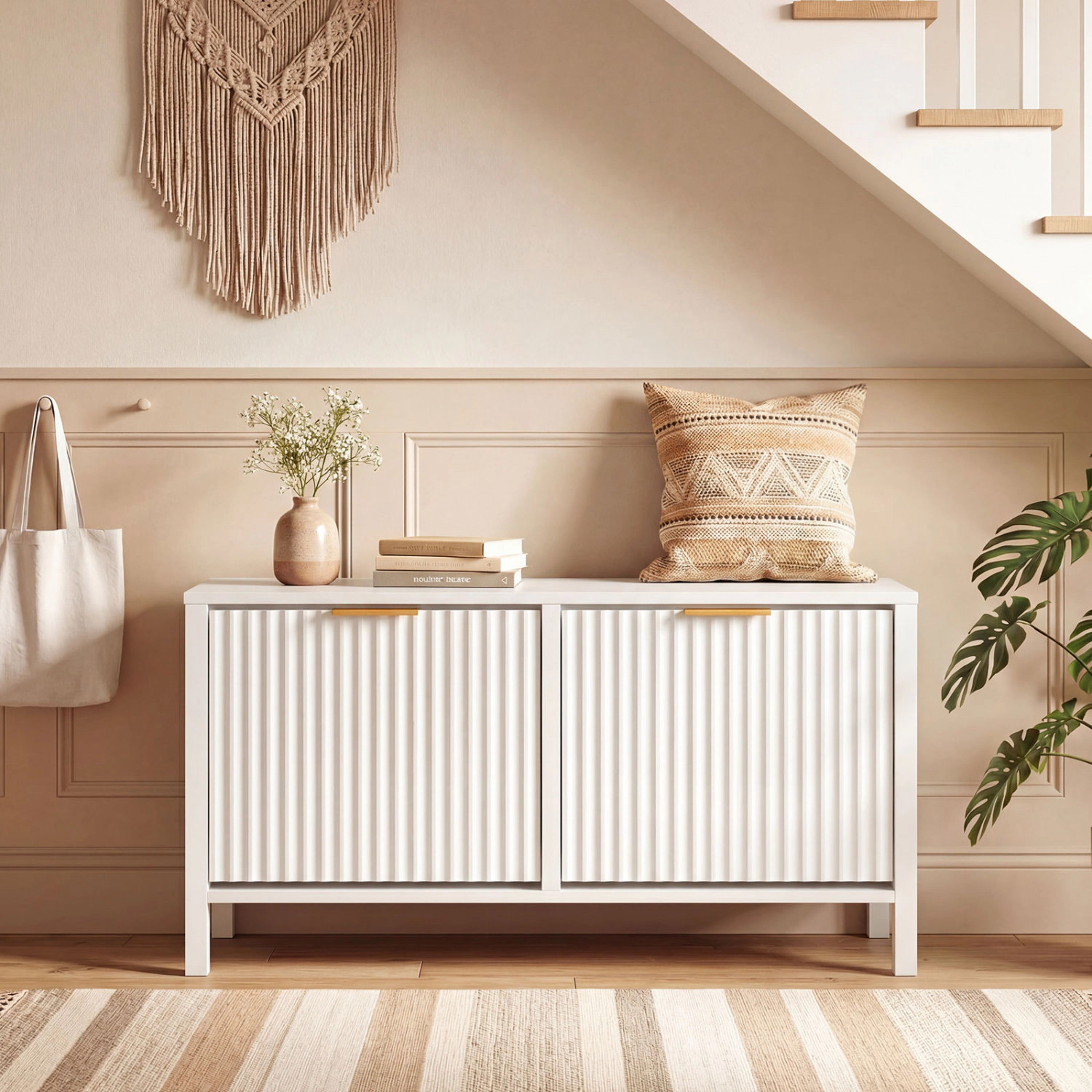 SUGIFT 39.5-in White Narrow Shoe Rack Storage Bench with 2 Flip Drawers and Fluted Doors 300-lb Seat