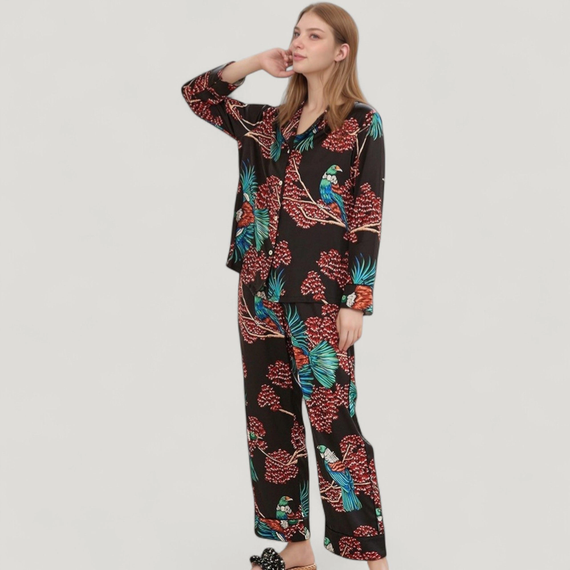 Anna-Kaci Women's Woven Two-Piece Pajama Set Tropical Bird and Botanical Print Long Sleeve Top Relaxed Fit Pants