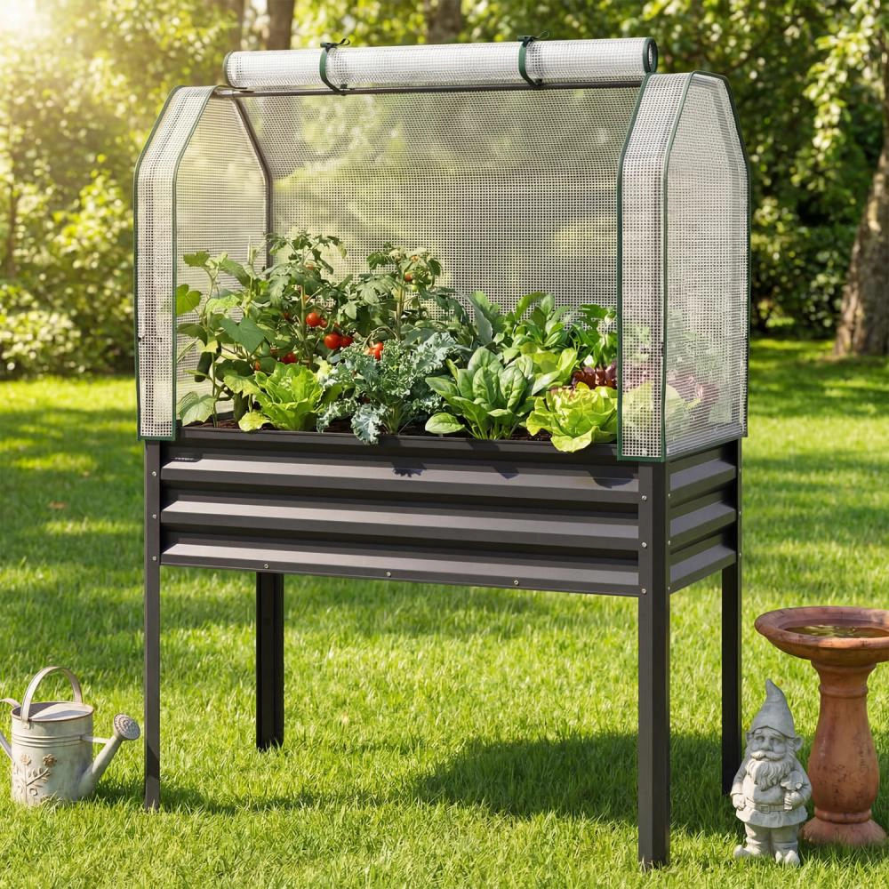 Hivvago Galvanized Raised Garden Bed with Legs and Greenhouse Cover for Vegetable Flower
