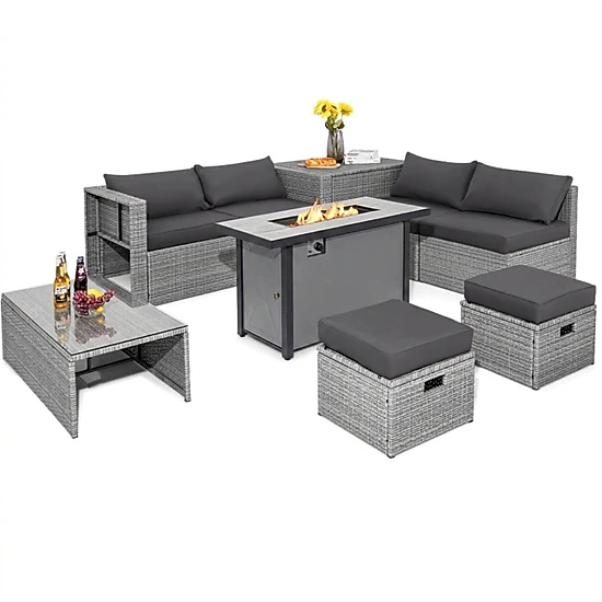 SUGIFT 9-Piece Gray Patio Rattan Set with 60000-BTU Fire Pit Table and 2 Covers 42-in W 220-lb Tabletop Capacity