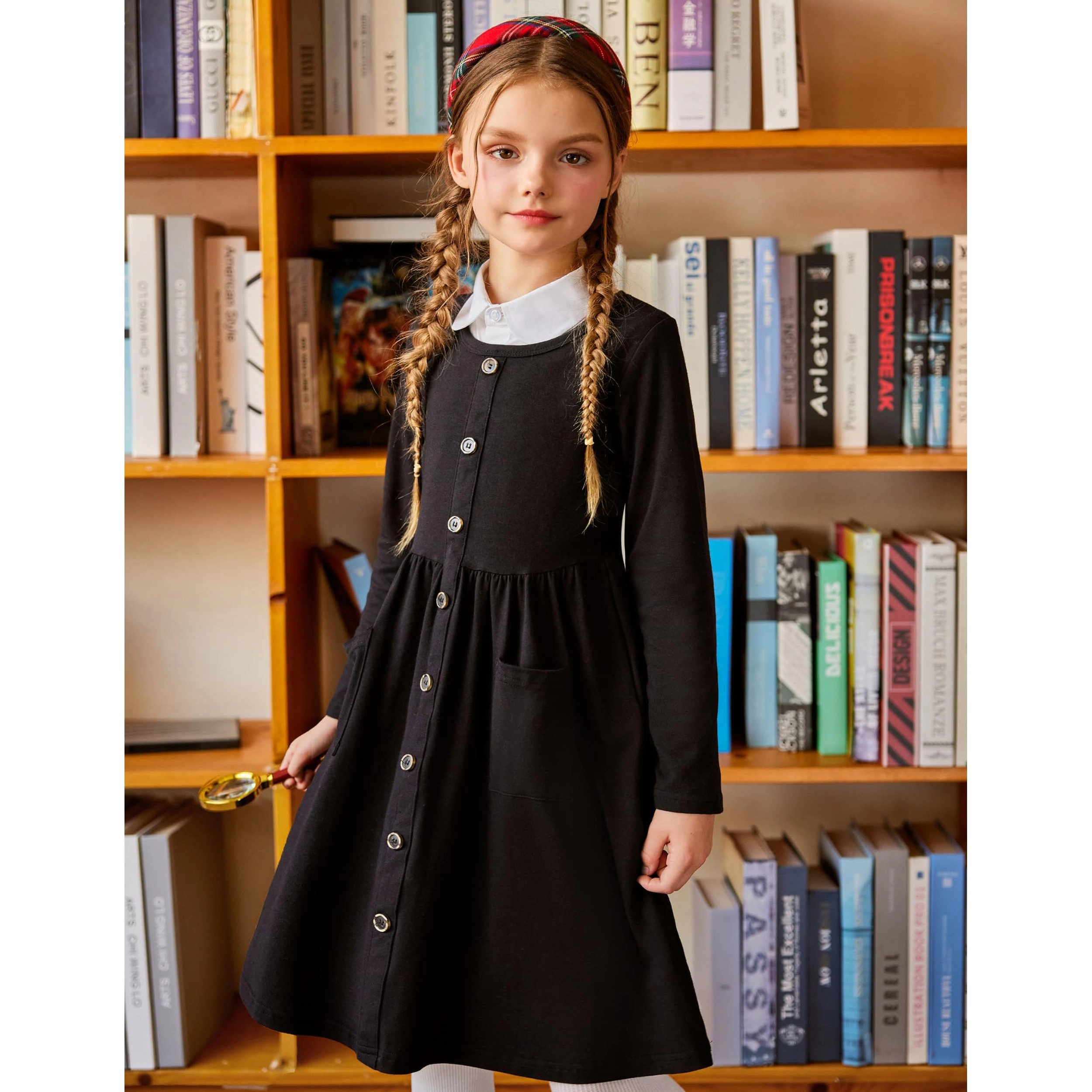 Arshiner Girls Long Sleeve Dresses Button Down Midi Dress with Pockets