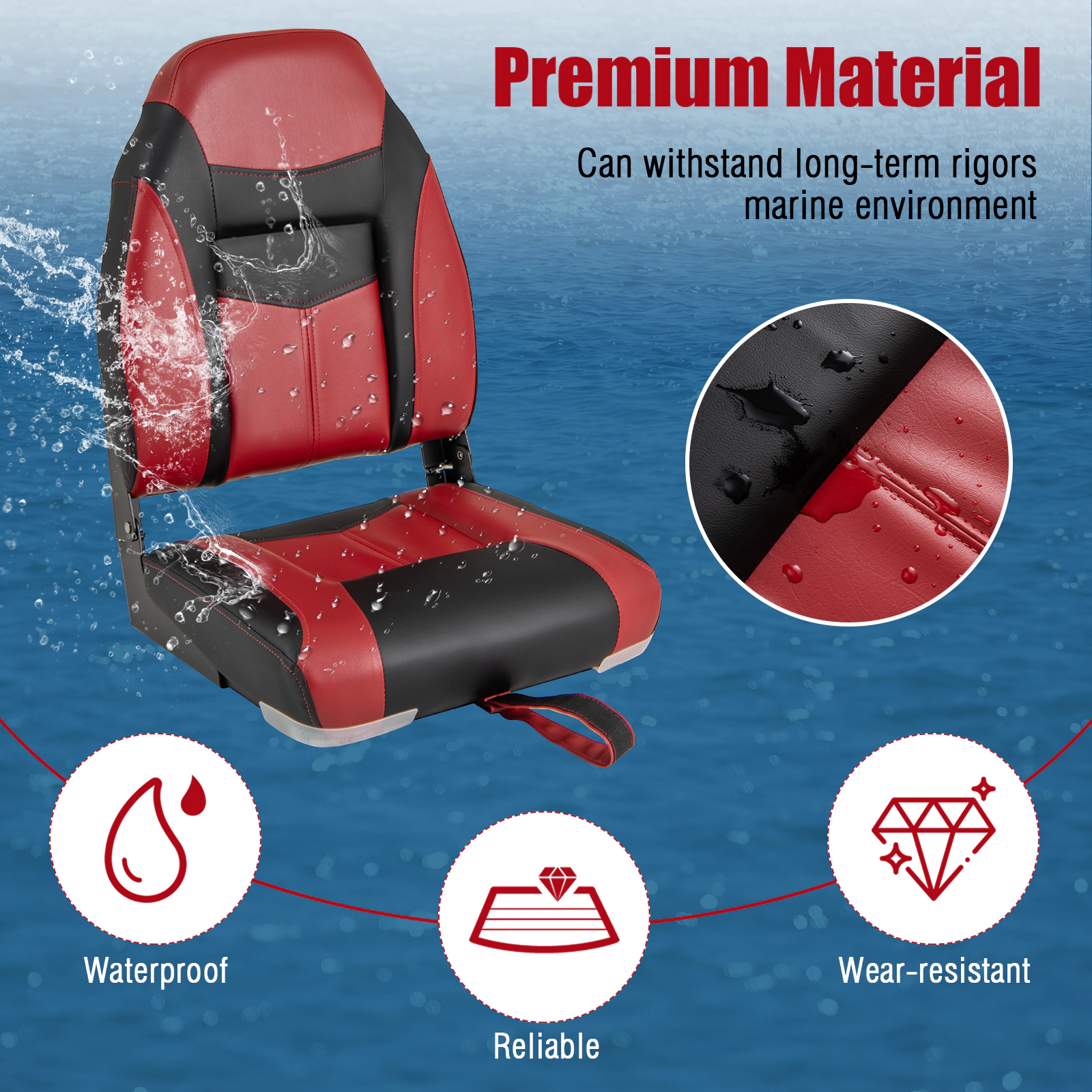 SUGIFT 250-lb Capacity Waterproof PVC High Back Folding Boat Seat with Sponge Cushion and Aluminum Hinges