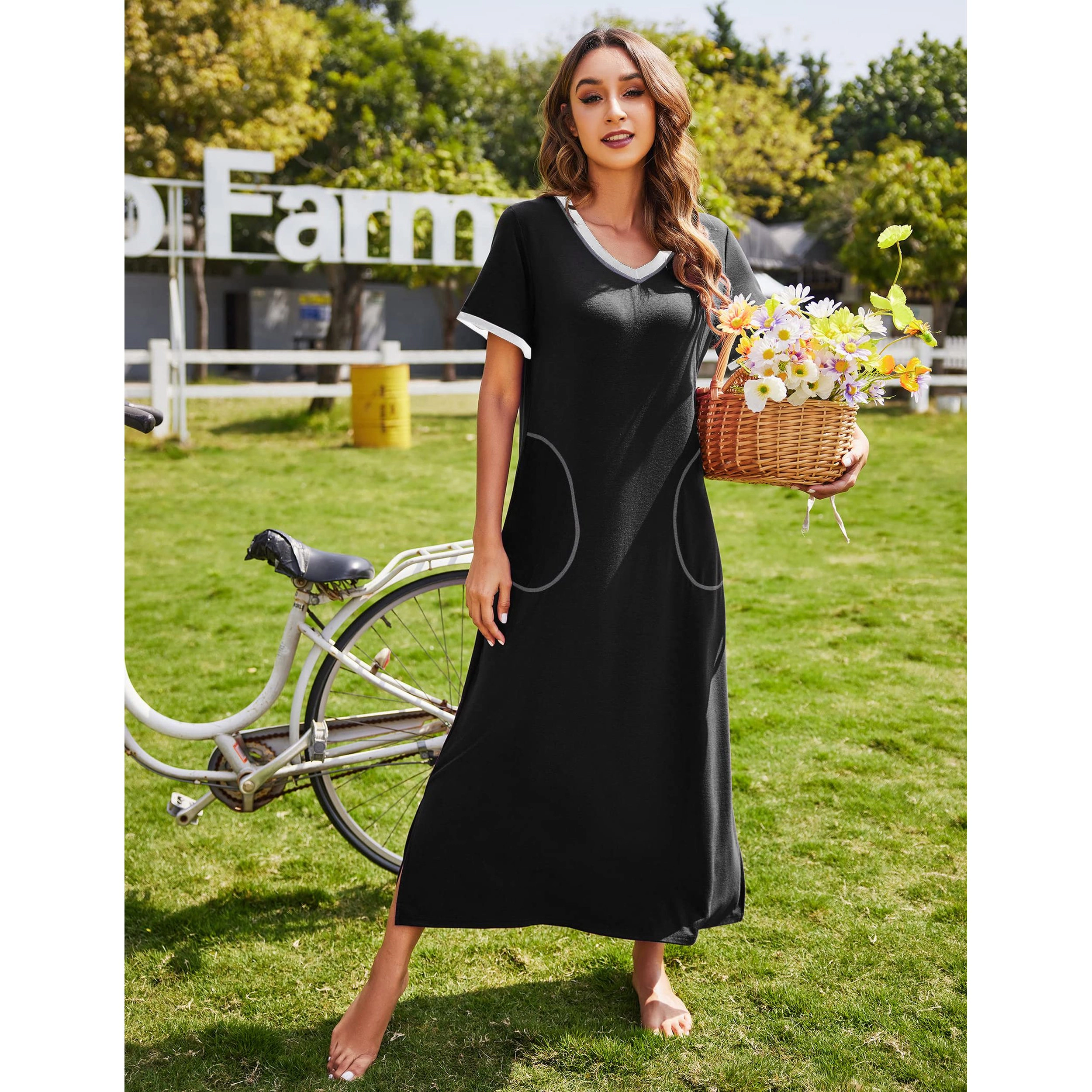 Ekouaer Nightgowns for Women Short Sleeve Night Shirts Full Length Gowns with Pockets Floral