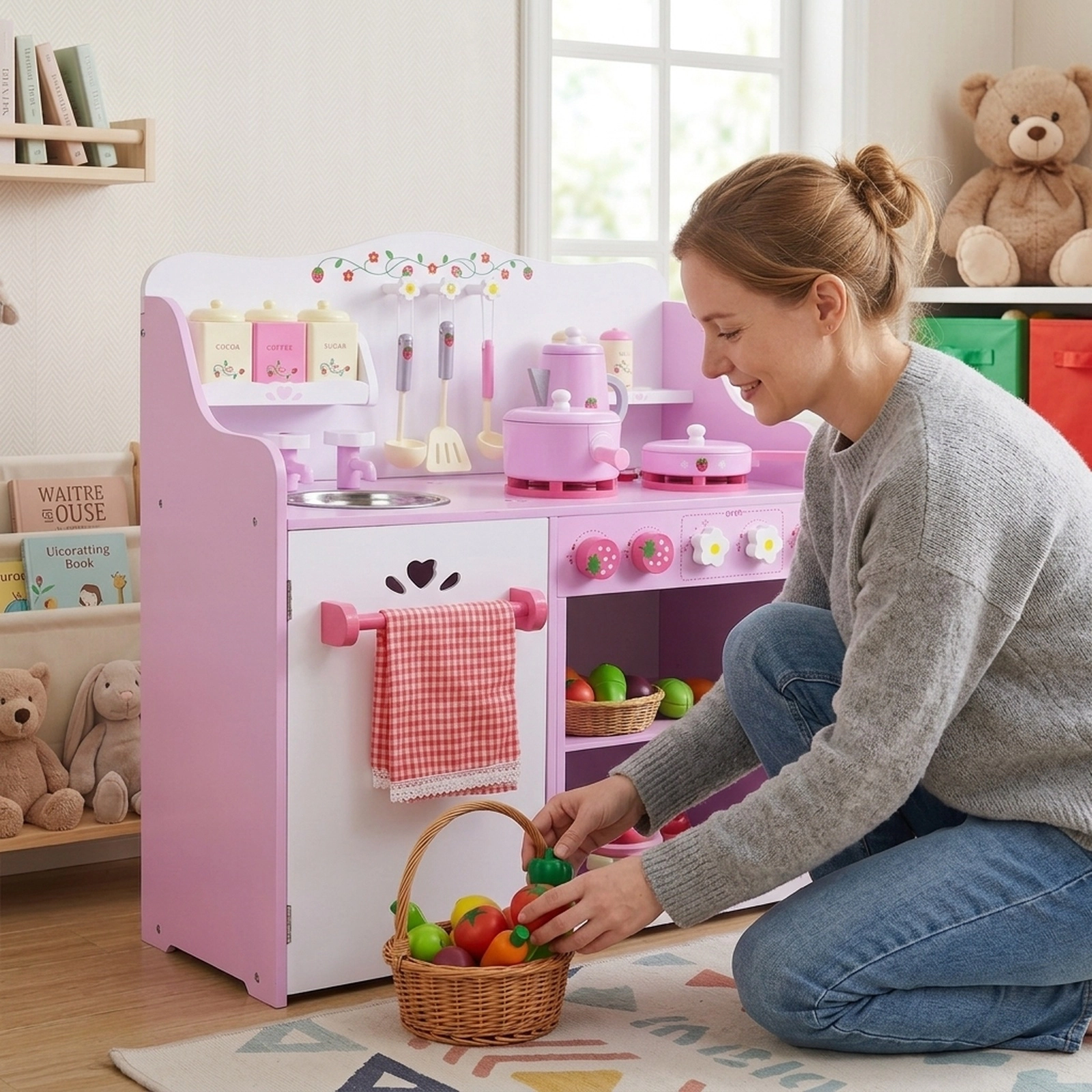 Small Wooden Play Kitchen for Toddlers Strawberry Design Working Knobs Storage Shelf 23.6-in x 11.6-in x 24.4-in Pink