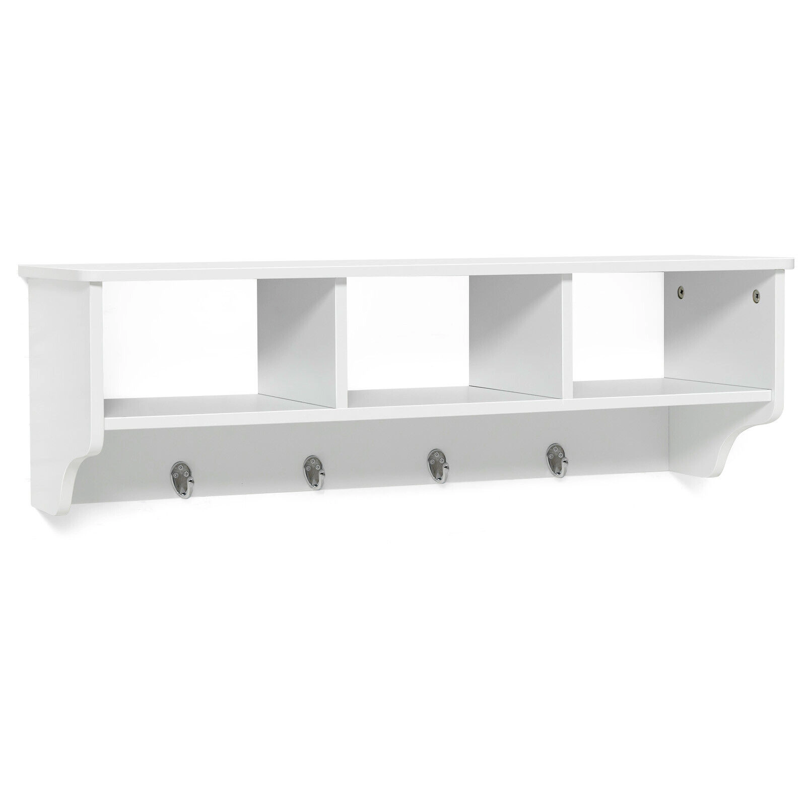 SUGIFT Wall Mount Cubby Organizer White Entryway Storage Shelf with 4 Hooks