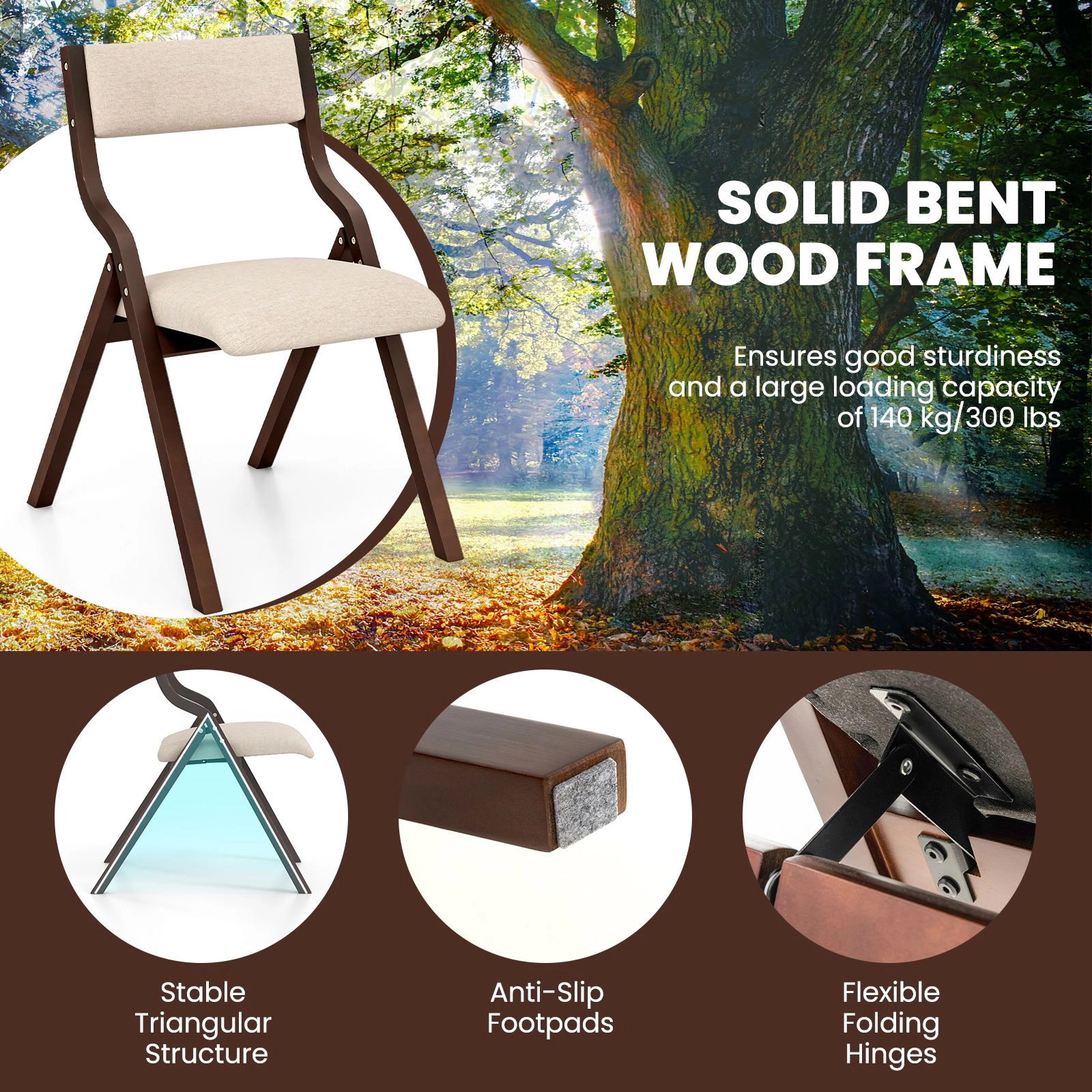 SlickBlue Wooden Folding Chairs with Linen Upholstery Set of 2