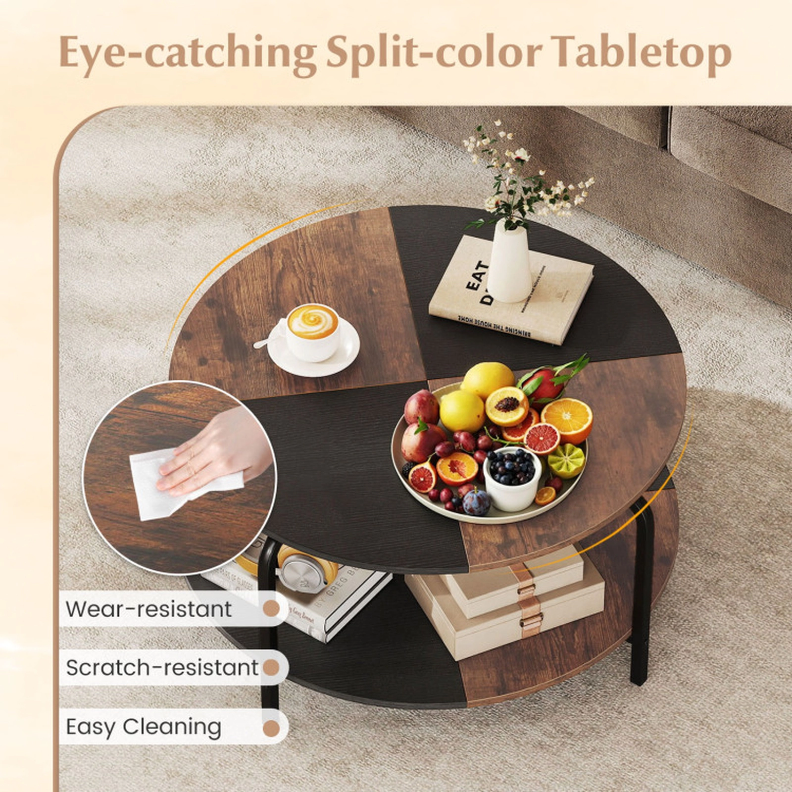 SUGIFT 2-Tier Round Coffee Table with Split-Color Top 220-lb Tabletop Capacity Rustic Brown & Black
