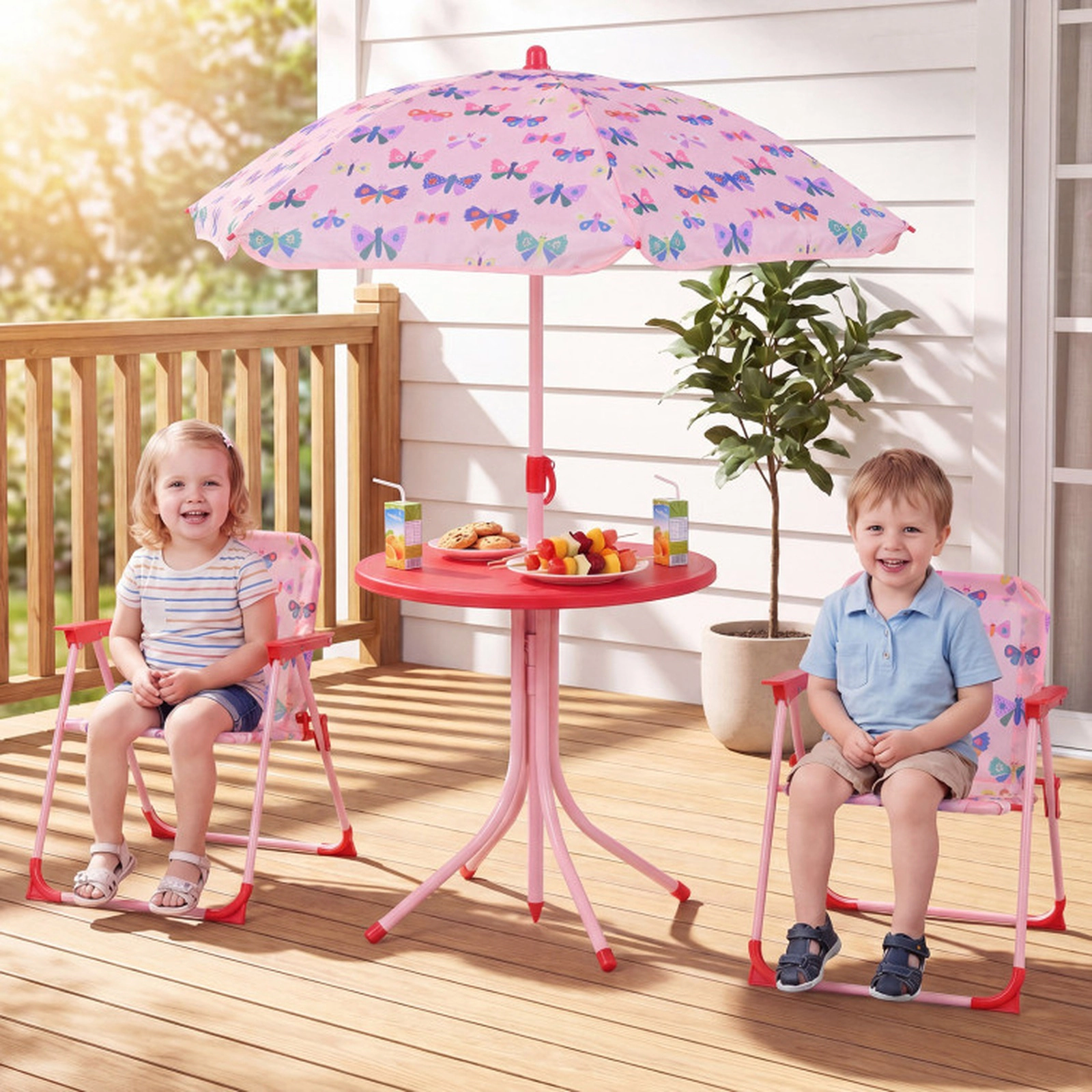 SUGIFT Pink 2 Folding Chairs and Adjustable Umbrella Kids Outdoor Table and Chair Set
