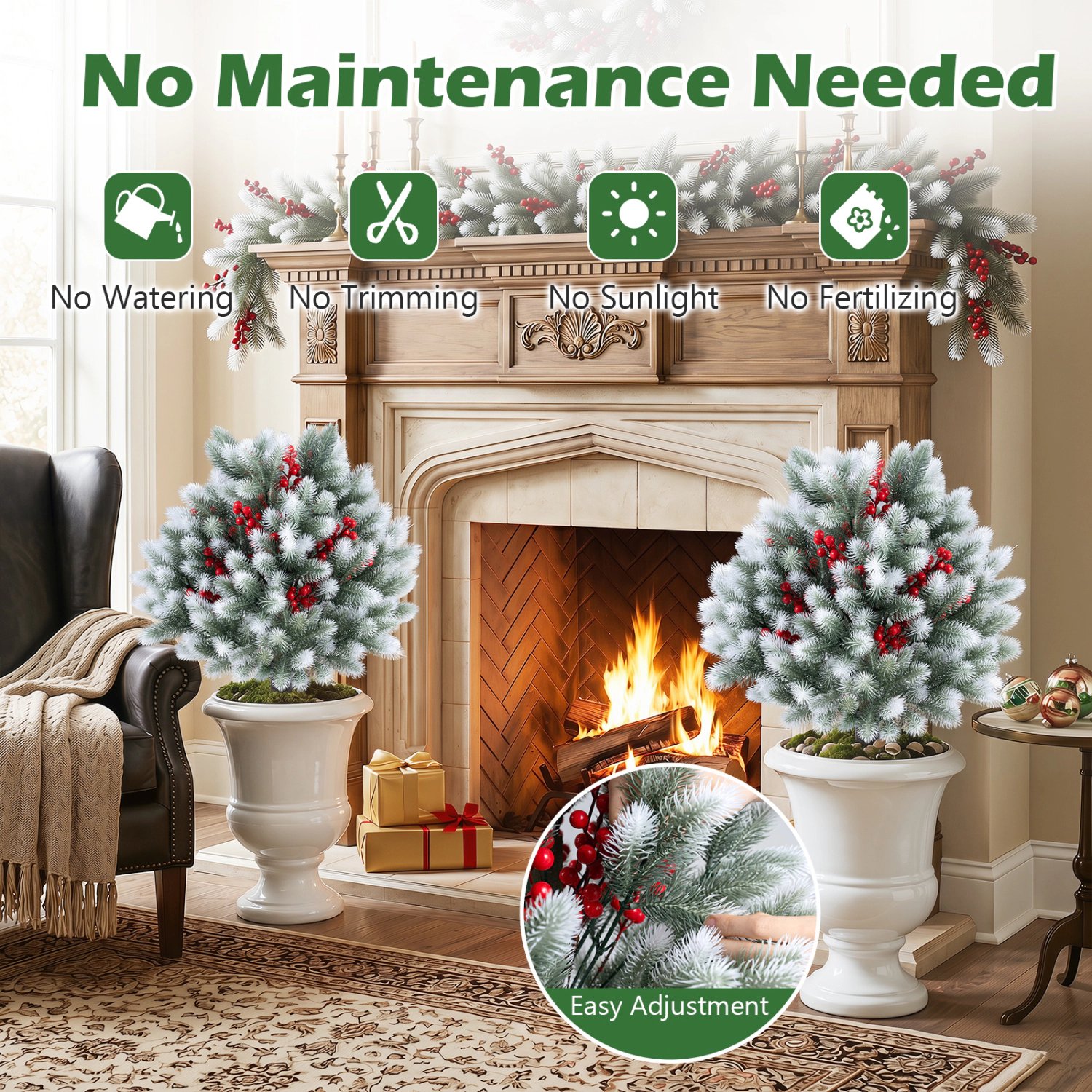 Slickblue Artificial Pine Needle Topiary Set 27.5in Red Berries Green White 2 Pack Ground Spike