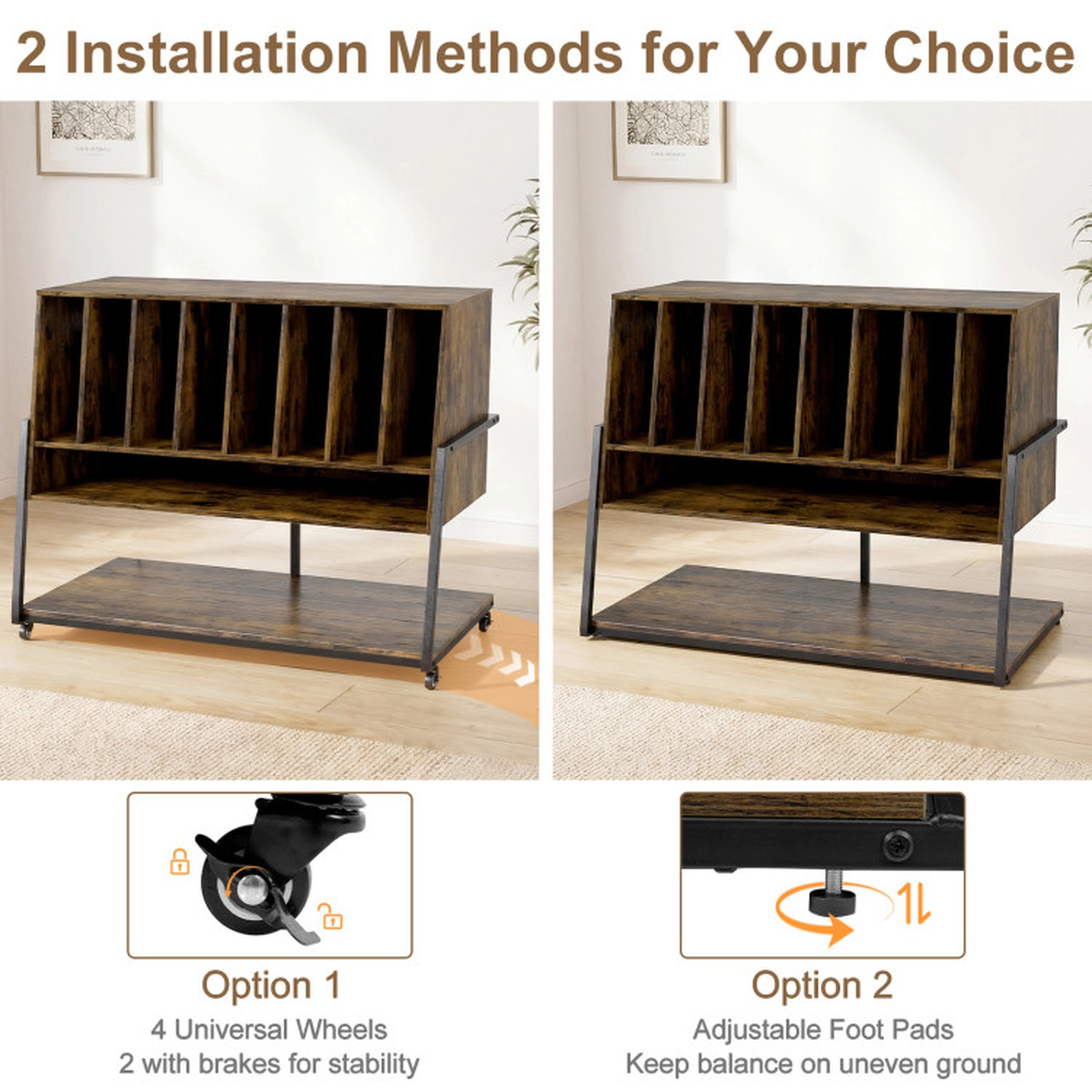 SUGIFT Turntable Stand with Charging Station and Vinyl Storage Shelves Accent Table 44-lb Top 88-lb Compartments Rustic