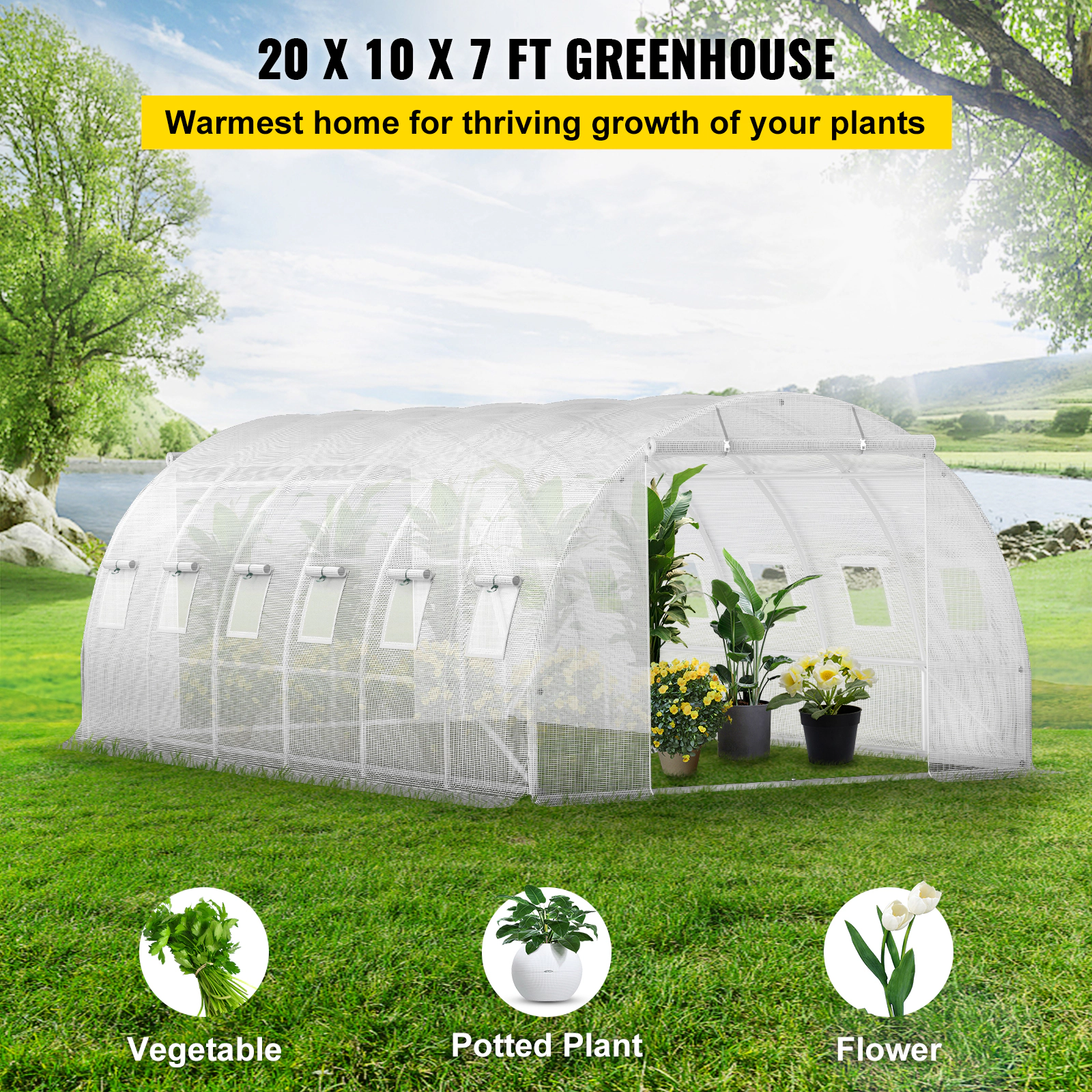 HONGGE Walk-in Tunnel Greenhouse 20 x 10 x 7 ft Portable Plant Hot House with Galvanized Steel Hoops 3 Top Beams