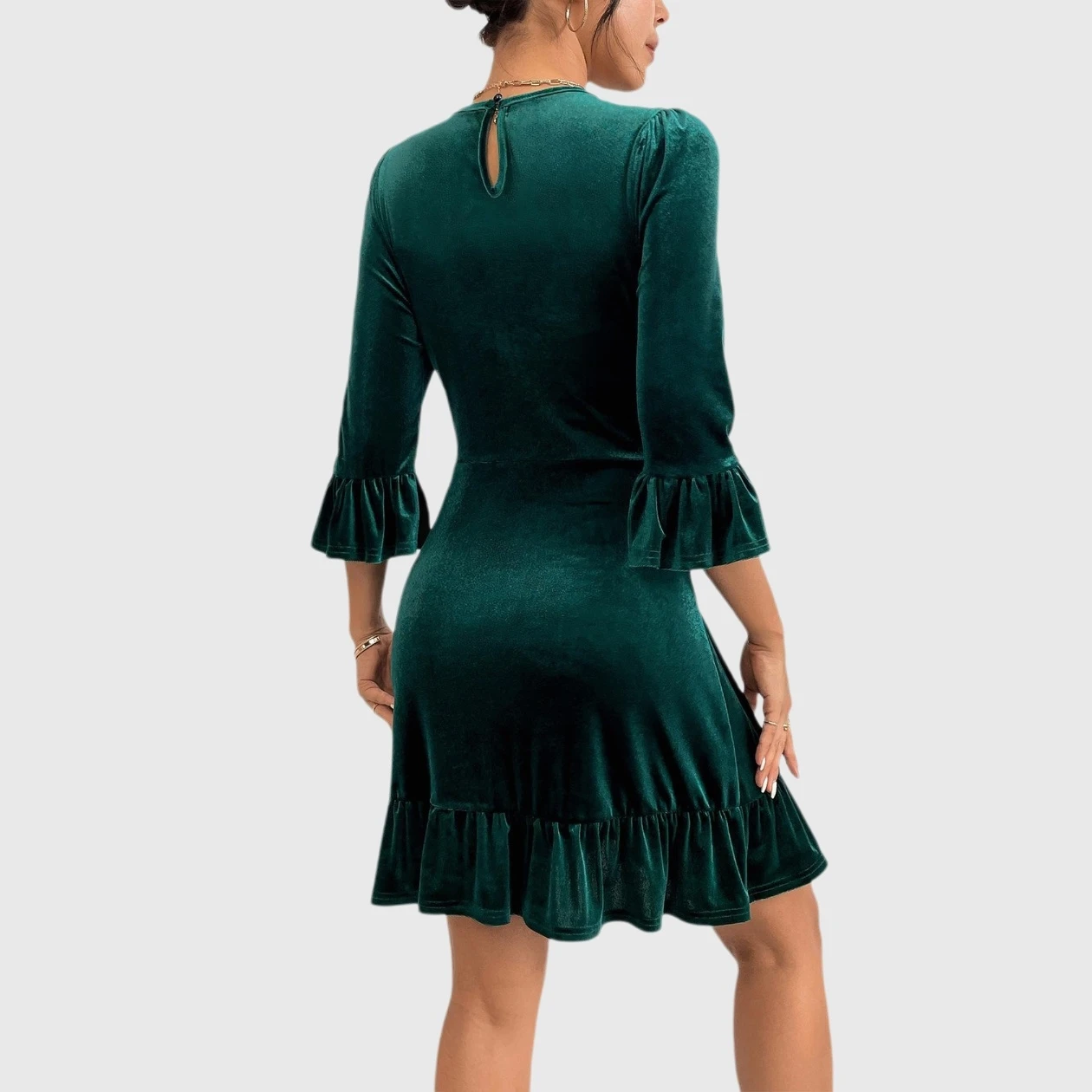 YesFashion Women's Ruffle Sleeve Velvet Midi Dresses Casual Christmas Cocktail Party Work Dress