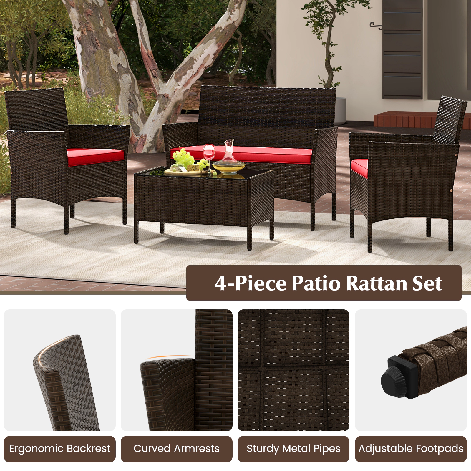 SUGIFT 4-Piece Brown Rattan Patio Conversation Set with Loveseat, 2 Chairs and Glass Table