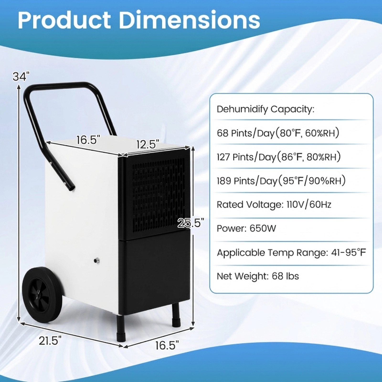 SUGIFT 189-Pint Commercial Dehumidifier with Built-in Water Pump 7500 Sq Ft Coverage White + Black