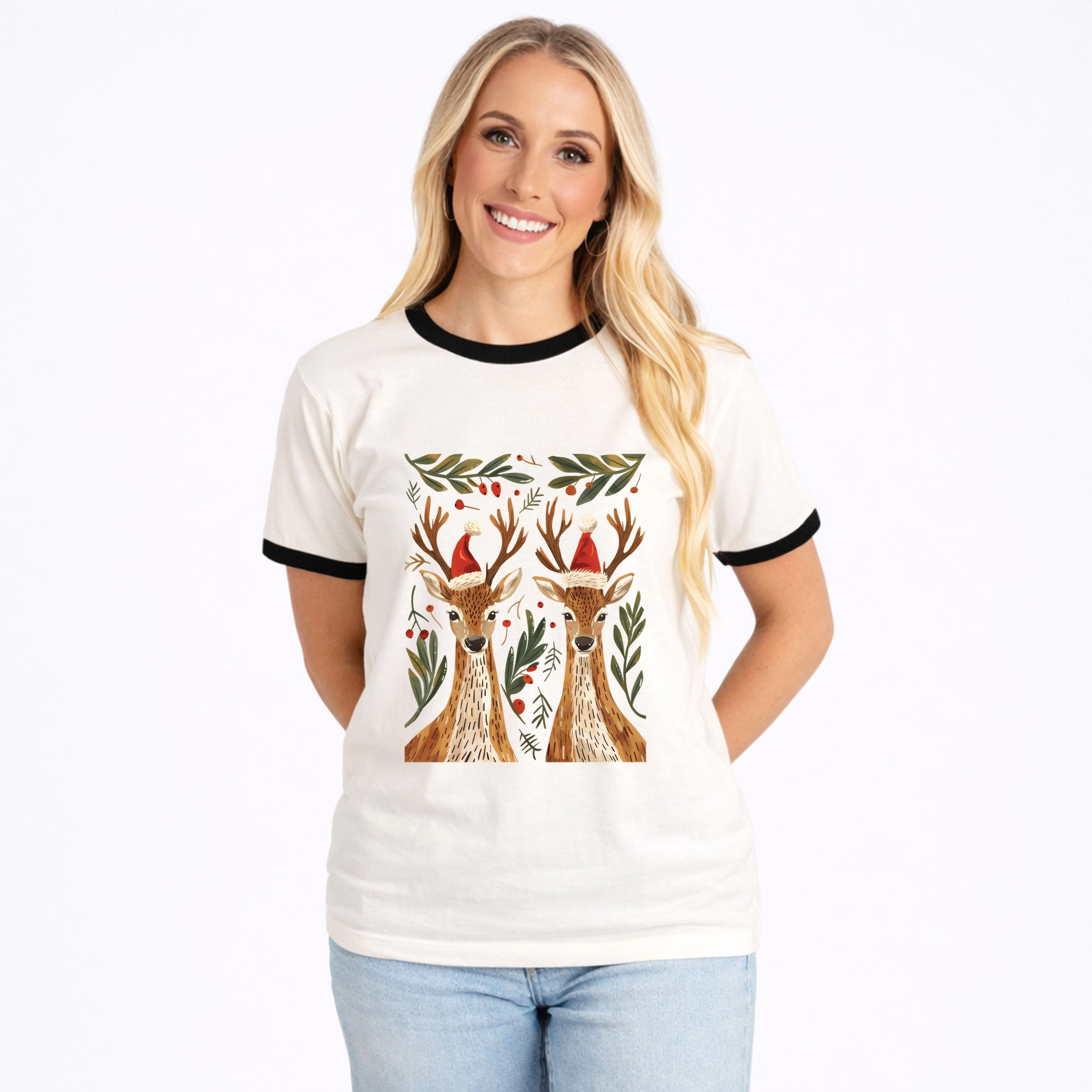 Simply Sage Market - Women's Ringer Graphic T-Shirt Christmas Deer Pair