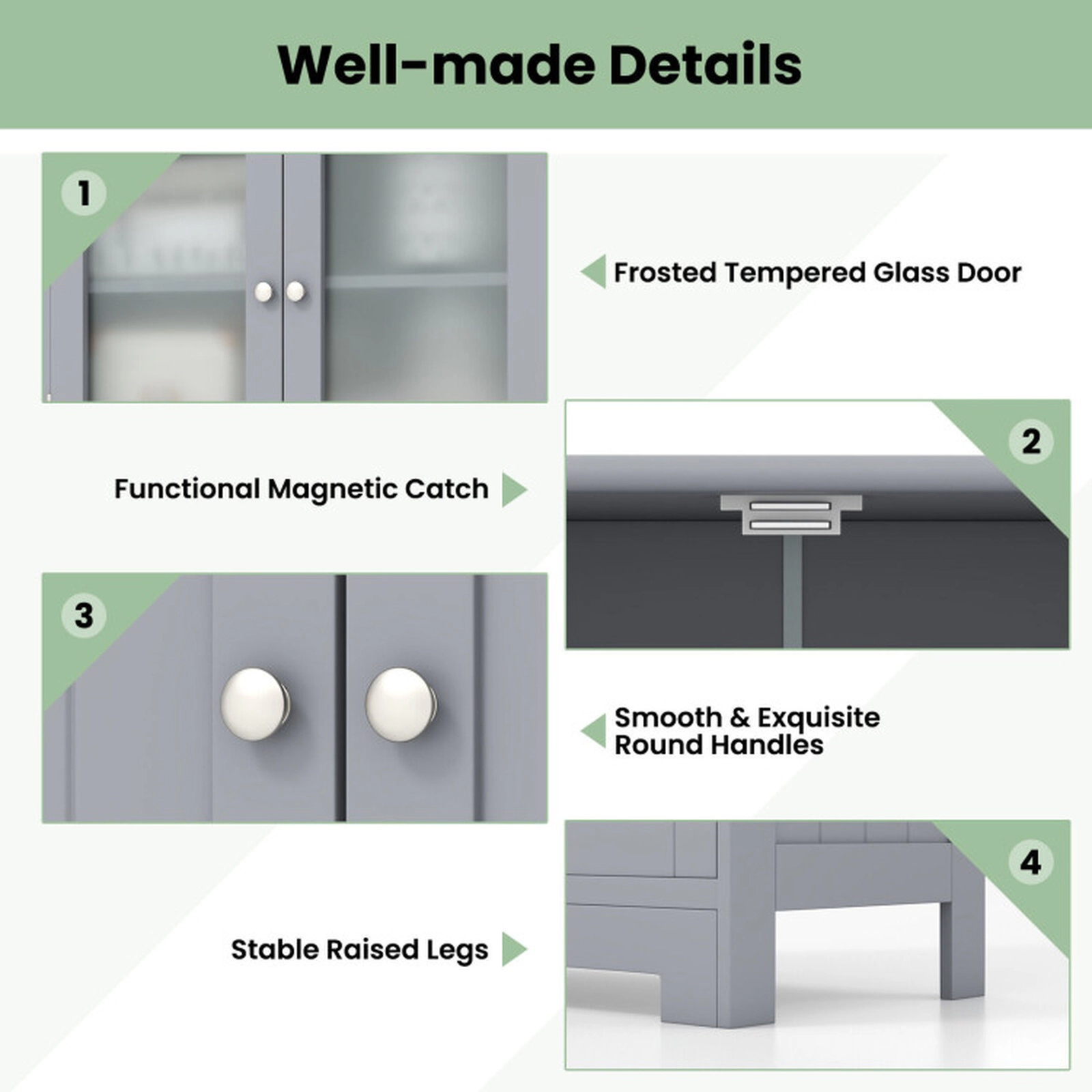 SUGIFT Gray 4-Door 44-lb Top Freestanding Bathroom Storage Cabinet with 2 Drawers and Tempered Glass Doors
