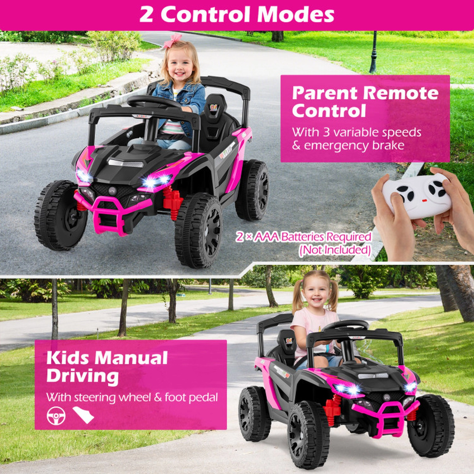 SUGIFT 12V Electric Ride On UTV Car with Remote, LED Lights, Music and Horn 66-lb Capacity Ages 3+ Hot Pink 35.5-in Long