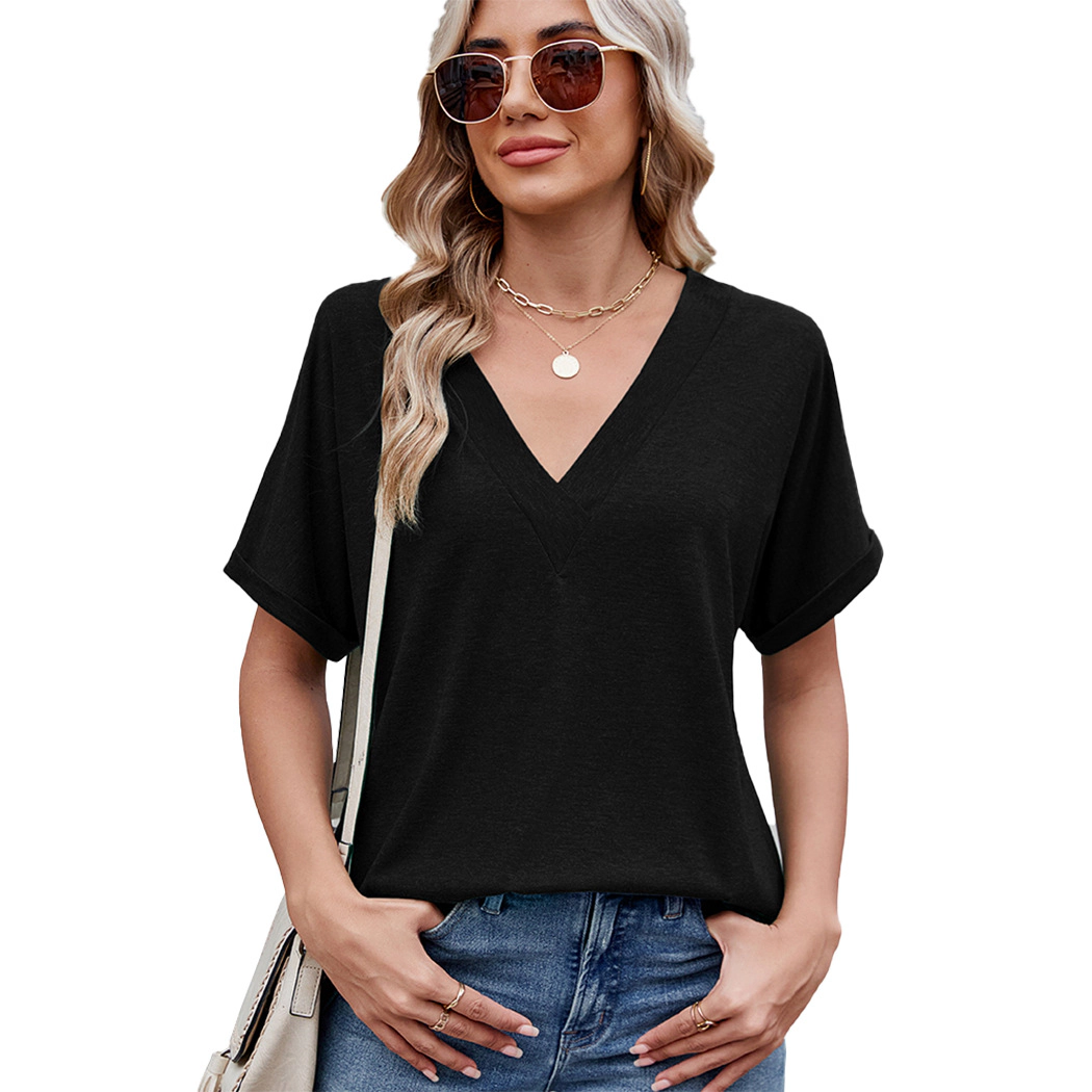 Enchanted Funland Womens V‑Neck Rolled Cuff Short Sleeve Solid T‑Shirt Tops