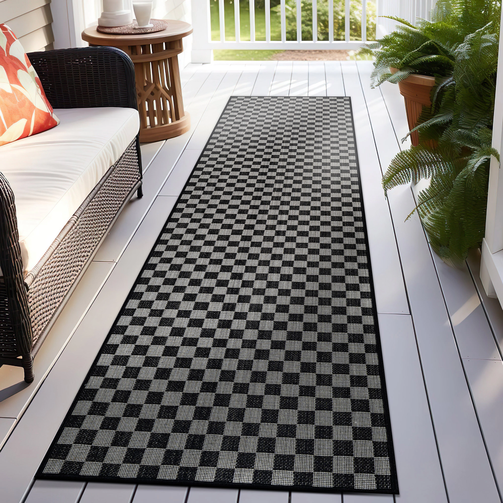 World Rug Gallery Checkered Indoor/Outdoor Flat Woven-Natural Jute-Style, Easy-Care Patio for Backyard Porch Deck