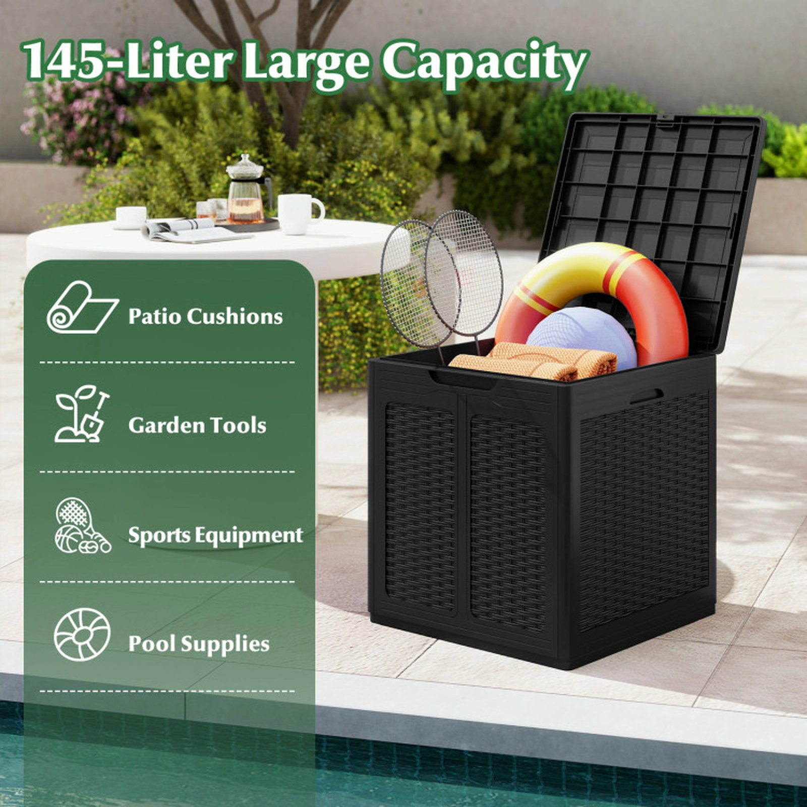 SUGIFT Weatherproof 39 Gallon Deck Storage Box with Lockable Lid 180-lb Capacity Outdoor Storage Seat Black/Brown