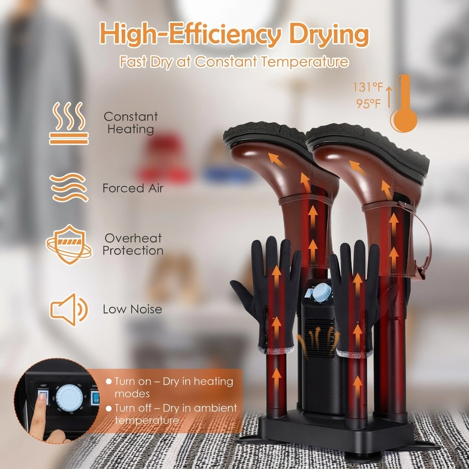SUGIFT 250W Electric Boot and Shoe Dryer with Ozone Deodorizing 180-Minute Timer and Extendable Tubes