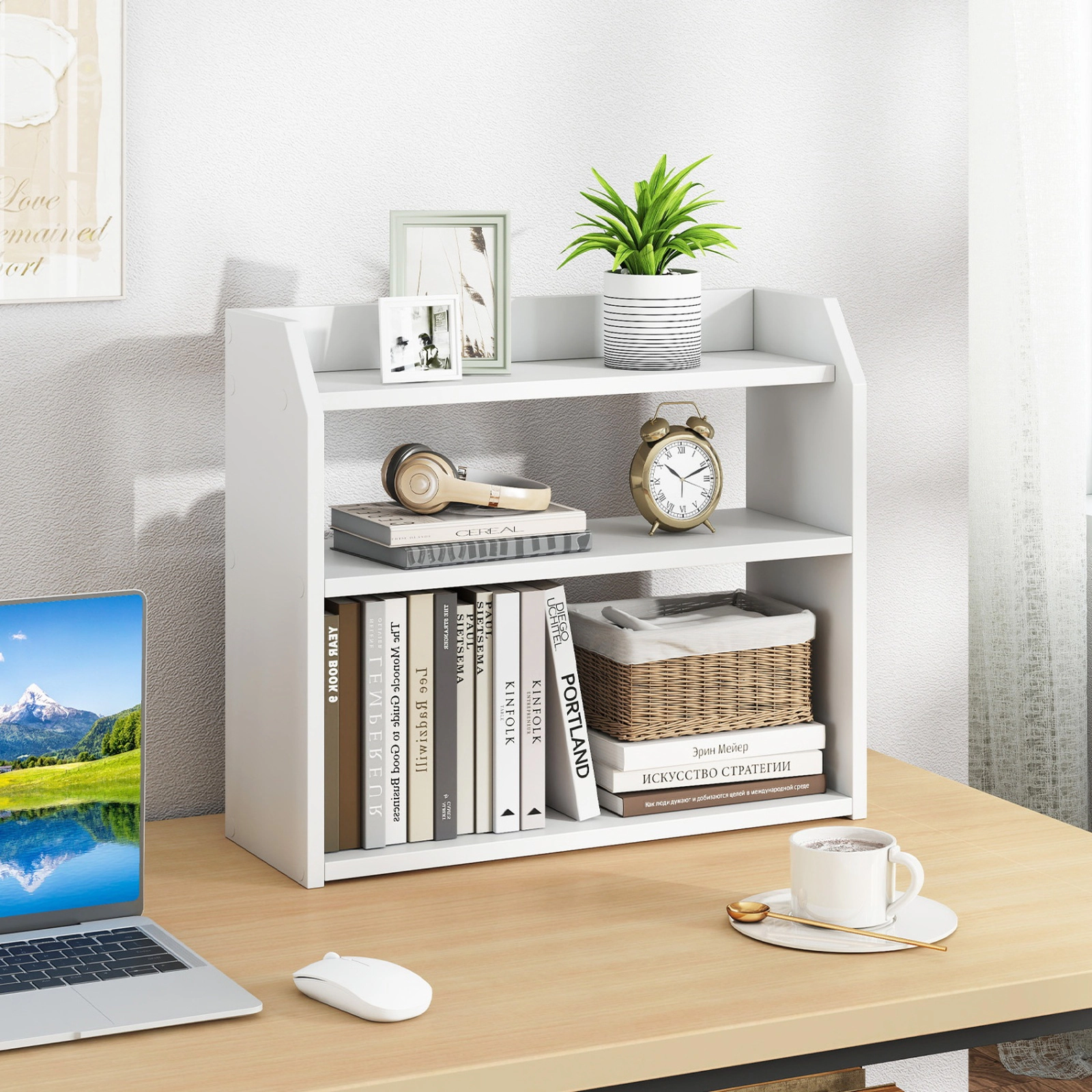 SUGIFT White 3-Tier Desktop Bookshelf Countertop Bookcase with Raised Guardrails