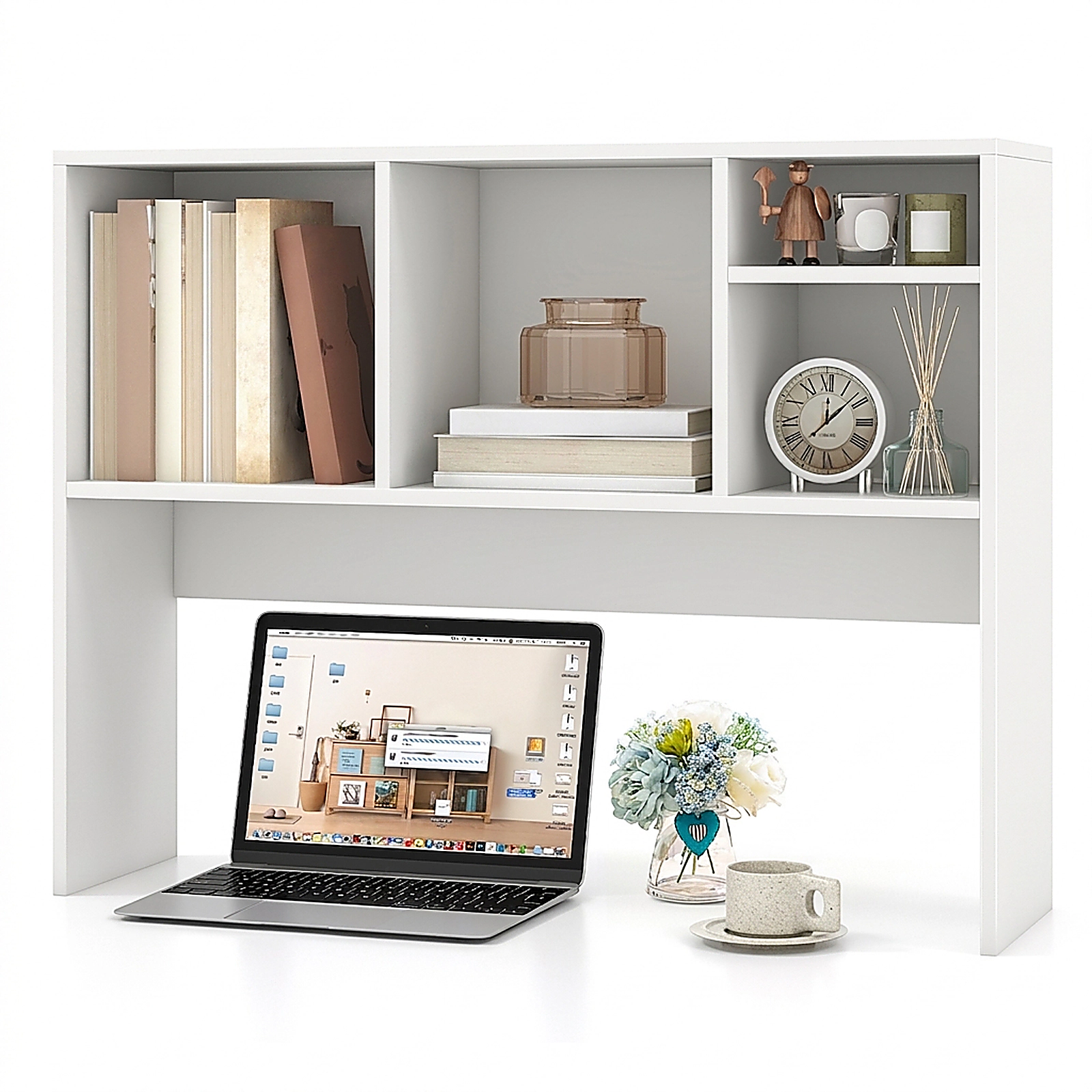 SUGIFT Computer Desktop Bookcase 4 Cubbies & Open Back Compartment 37-in Wide 145-lb Capacity 29-lb Net Weight White