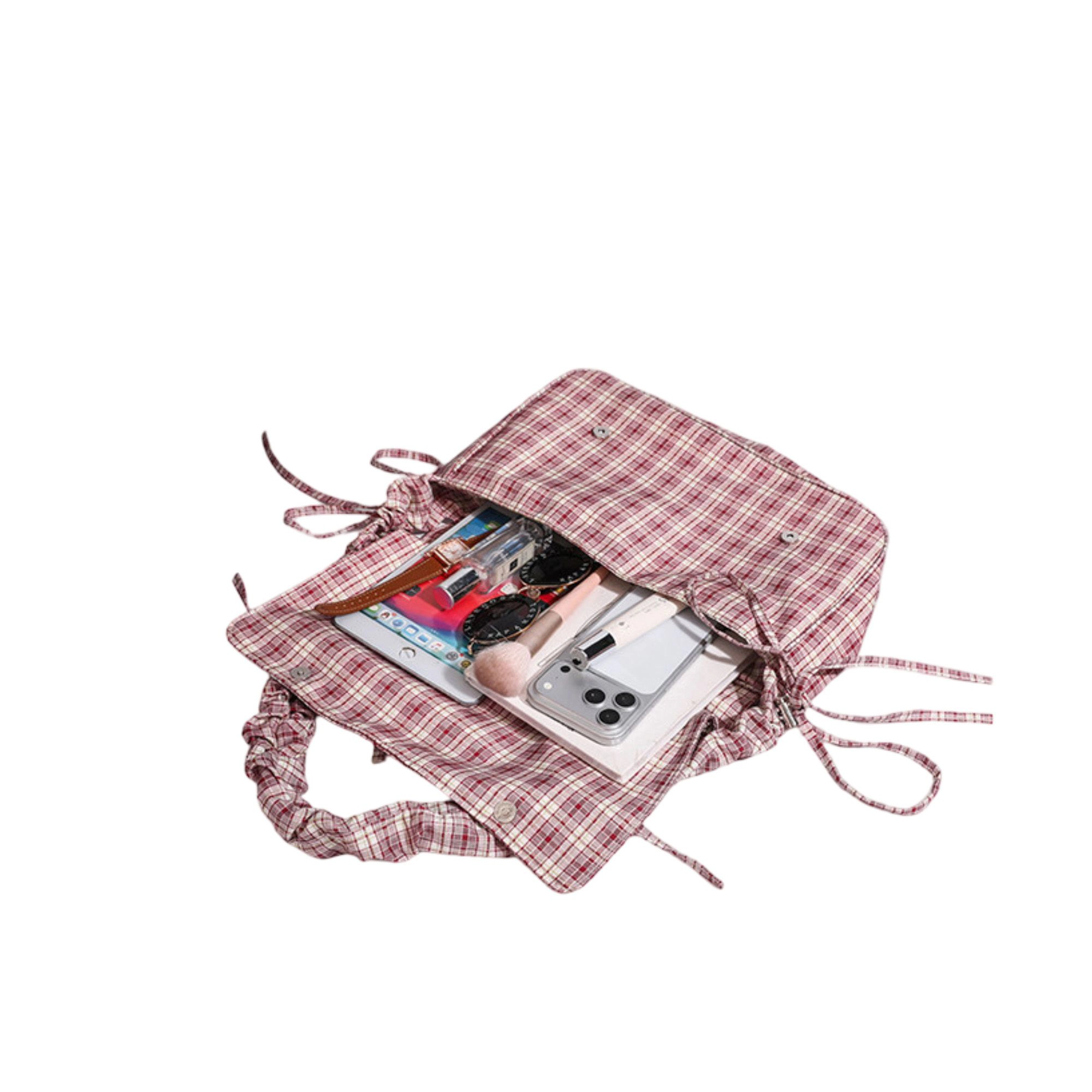 Alilang Women's Plaid Shoulder Bag with Ruched Strap and Bow Detail