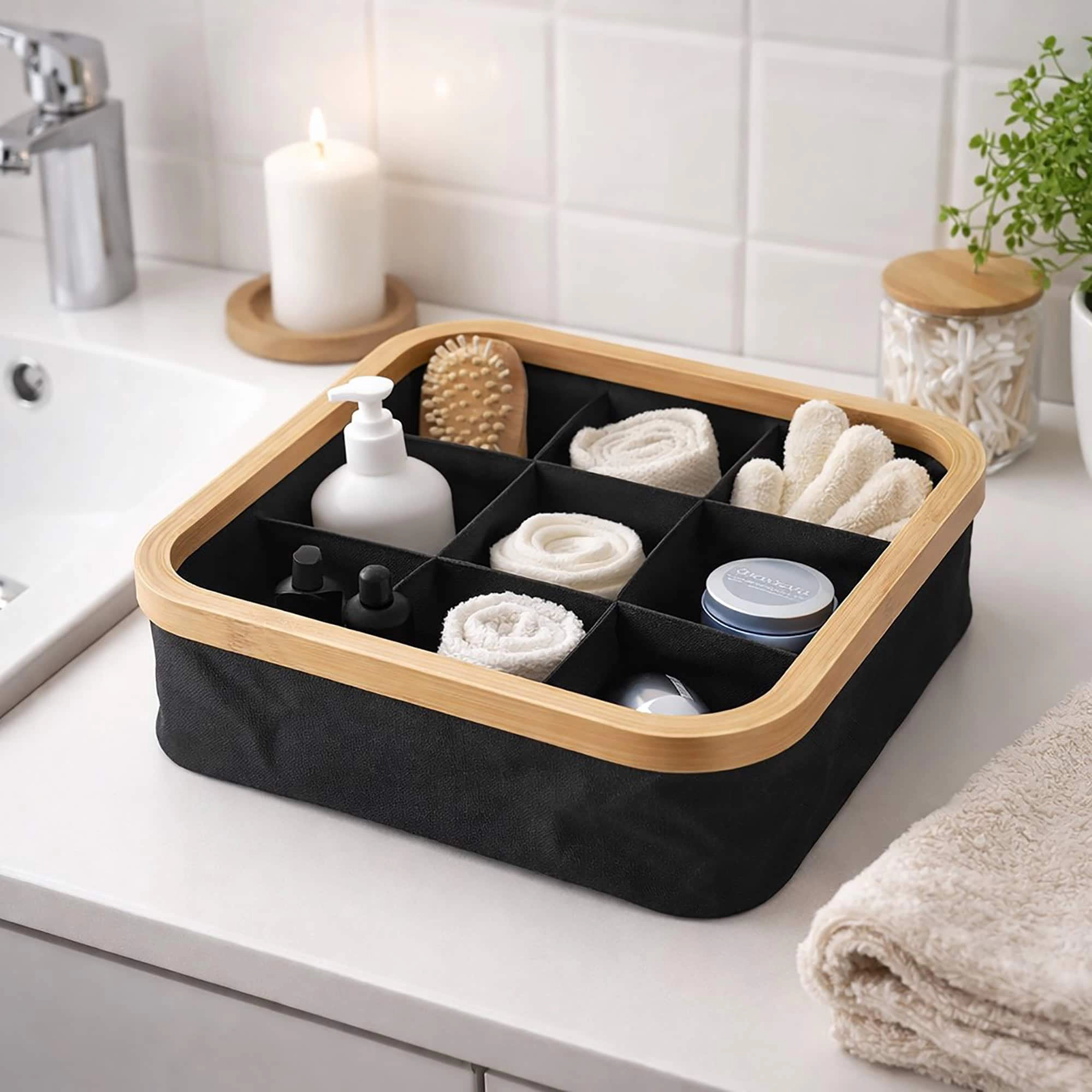 Evideco French Home Goods Bamboo Frame 9-Compartment Foldable Square Organizer