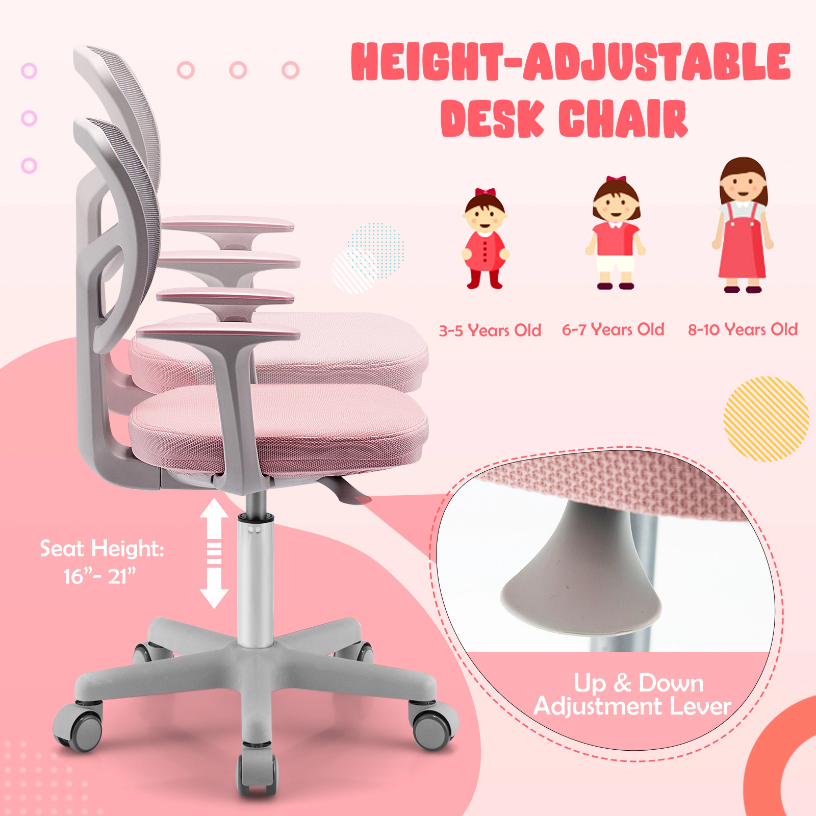 SUGIFT Ergonomic Adjustable Kids Desk Chair with Armrests 330-Lb Capacity 31.5-36-in Height Pink