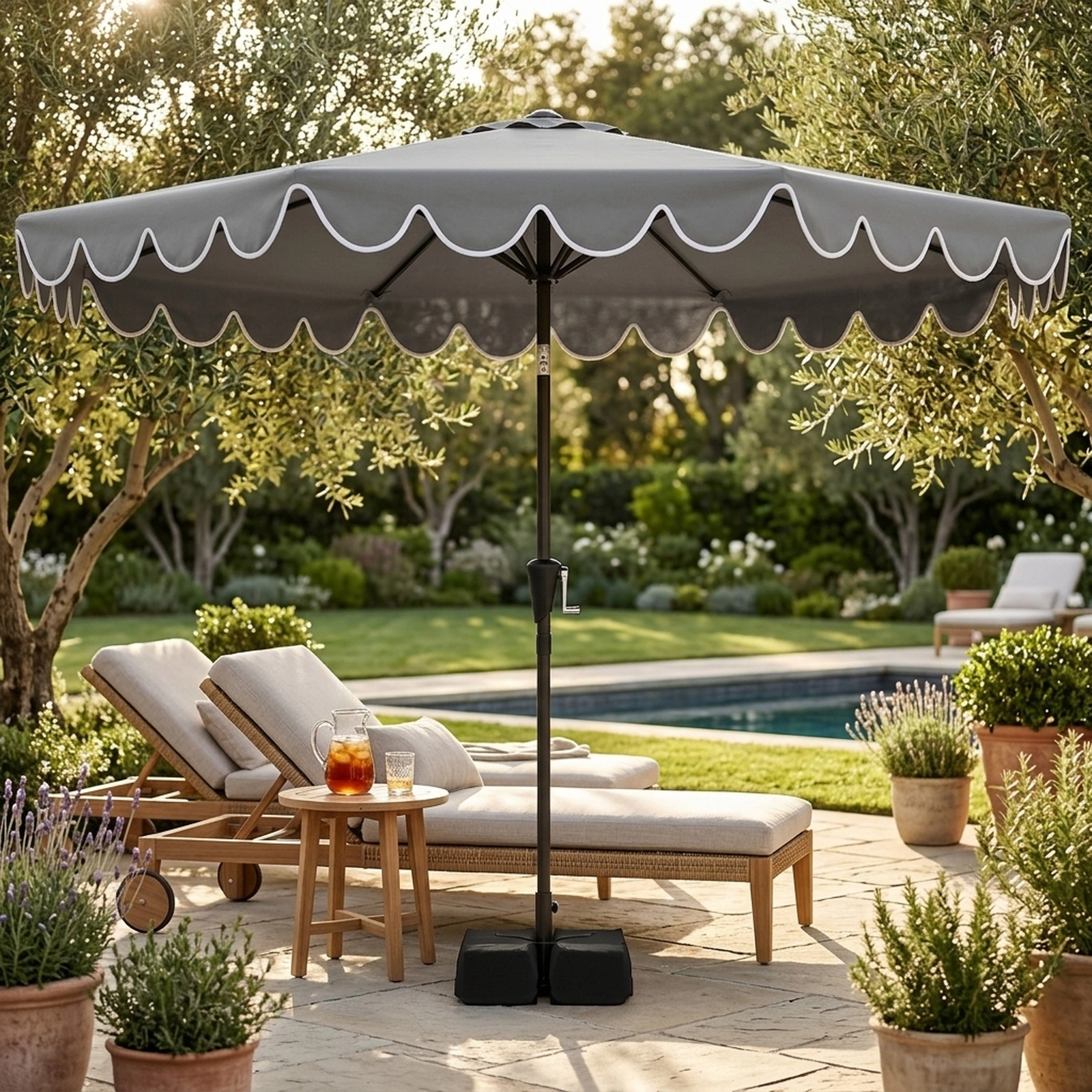 SUGIFT 10-ft Gray Market Patio Umbrella, Double-Tier Ruffled Canopy, Tilt, Crank Lift, 2 Sandbags