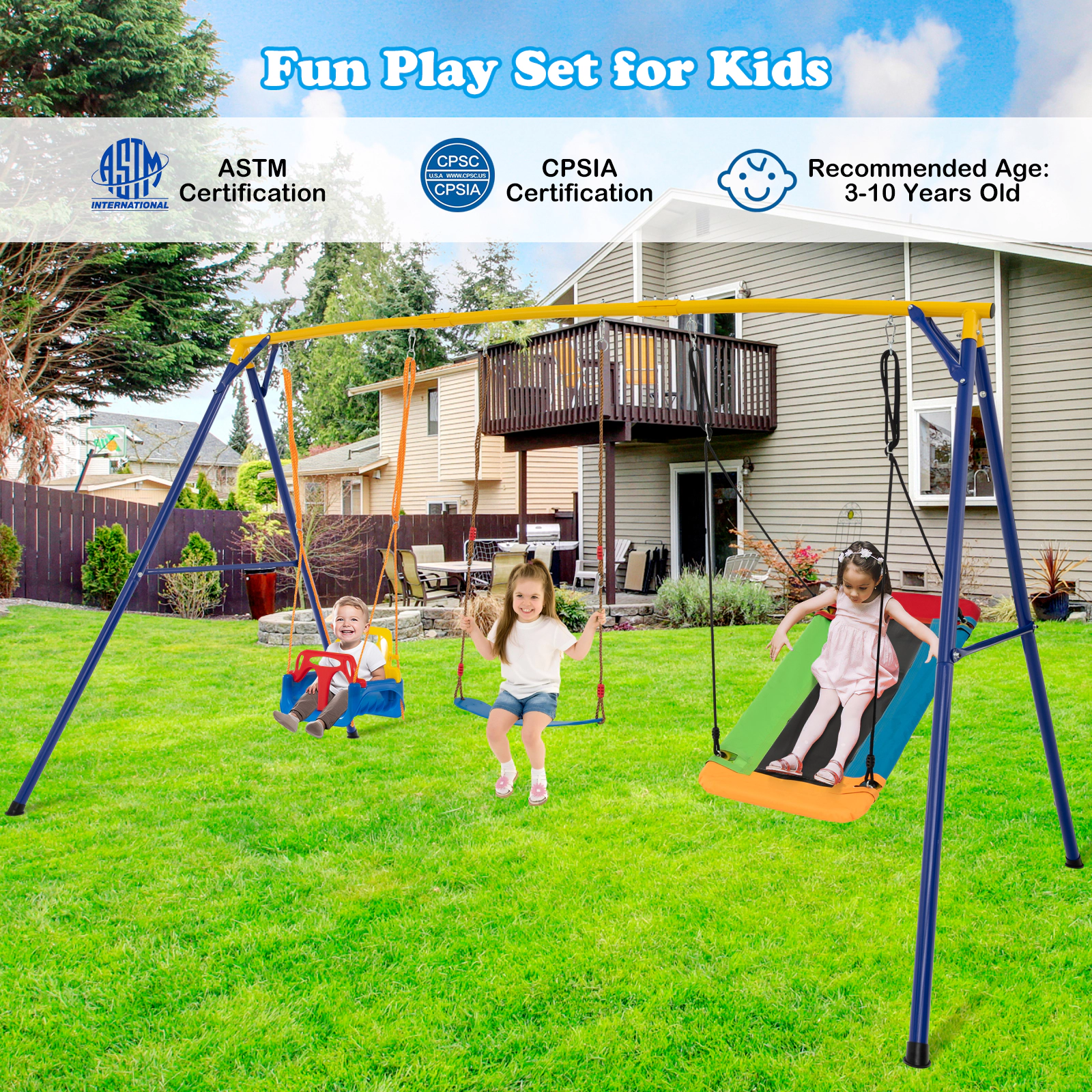 SUGIFT Kids Yellow Metal Swing Set with 3 Swings and Ground Stakes 11.5-ft W 6-ft D 6.4-ft H 660-lb Frame Capacity