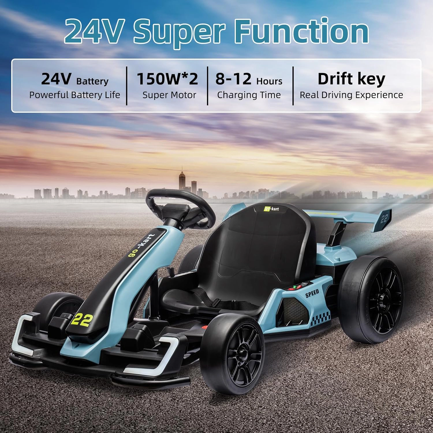 24V Kids Electric Go-Kart with Drift & Sport Modes, Dual 300W Motors, Length Adjustmen, Big Battery, EVA Tires