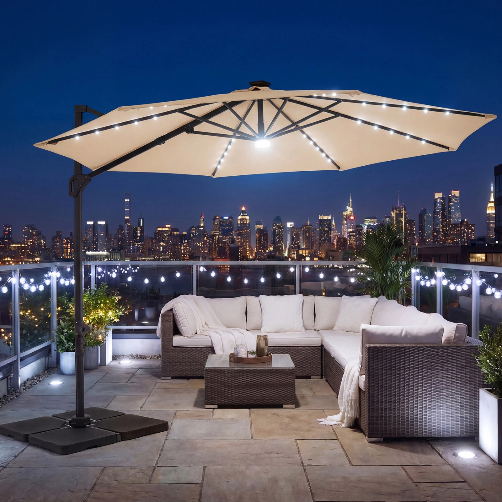 SUGIFT 10-ft Solar LED Cantilever Patio Umbrella with 360° Rotation and 6-Level Tilt 40 x 40-in Cross Base Beige