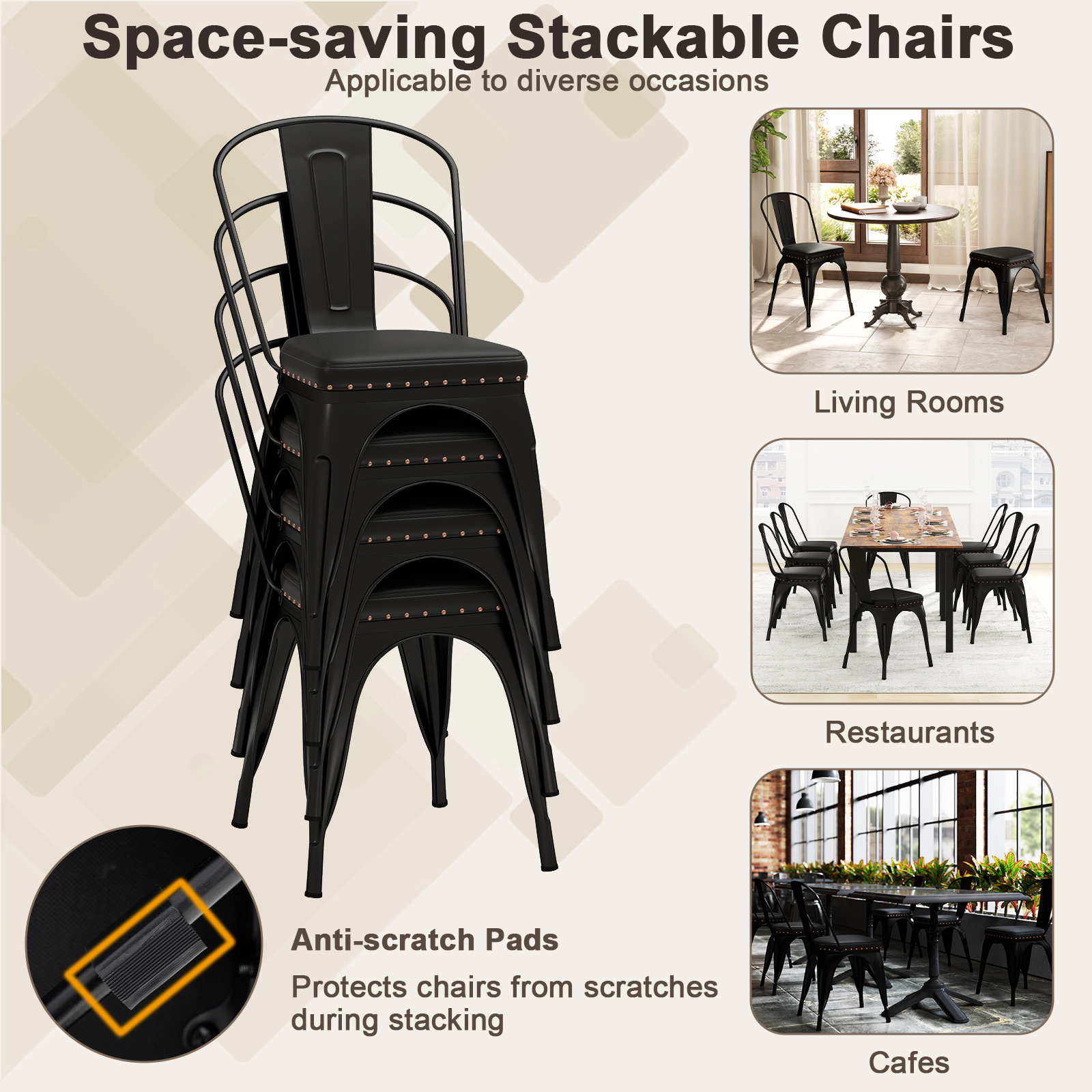 SUGIFT Stackable Metal Dining Chair Set of 4 with Removable Back and PU Leather Cushioned Seat 330-Lb Capacity Black