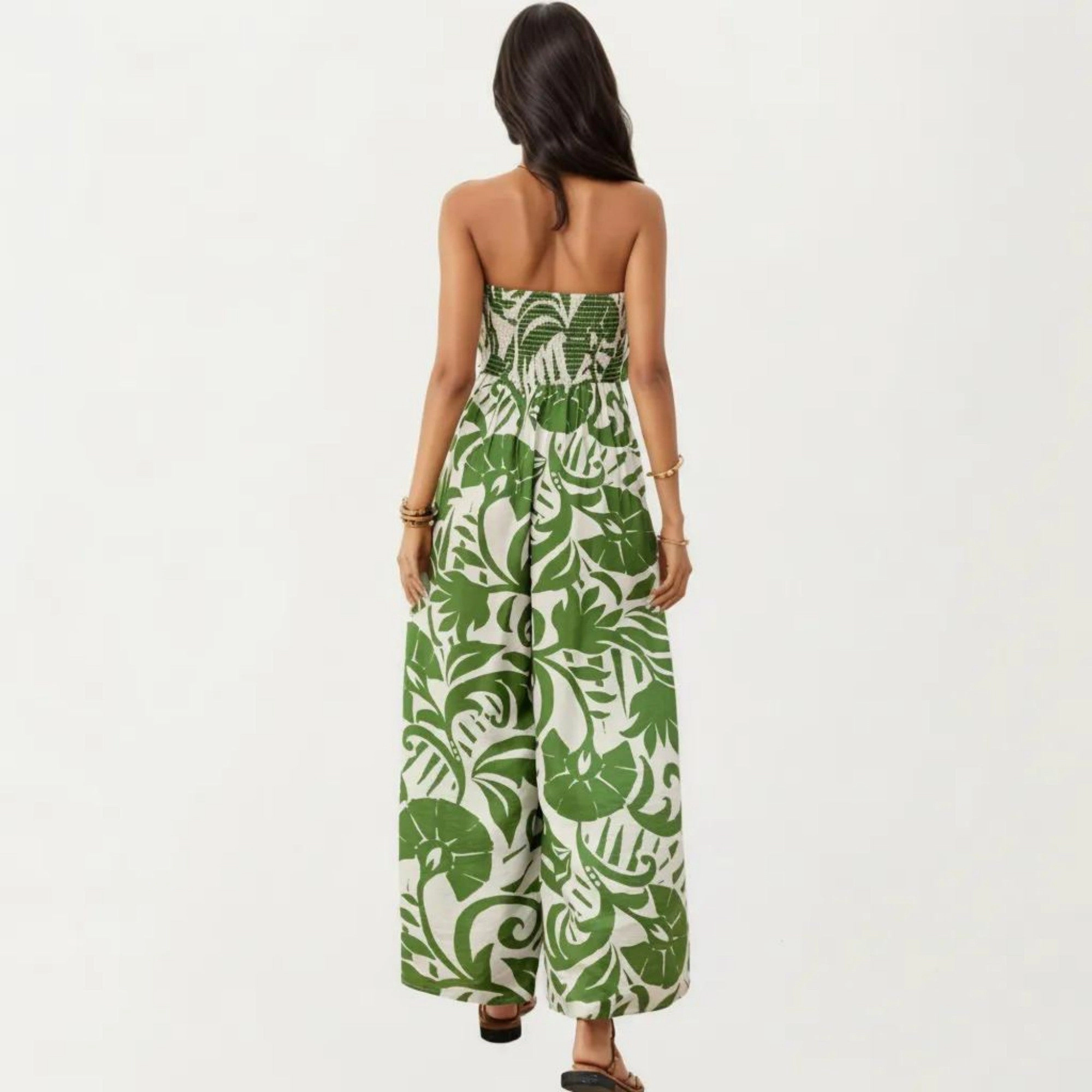 Anna-Kaci Womens Strapless Tropical Print Wide Leg Jumpsuit with Front Tie