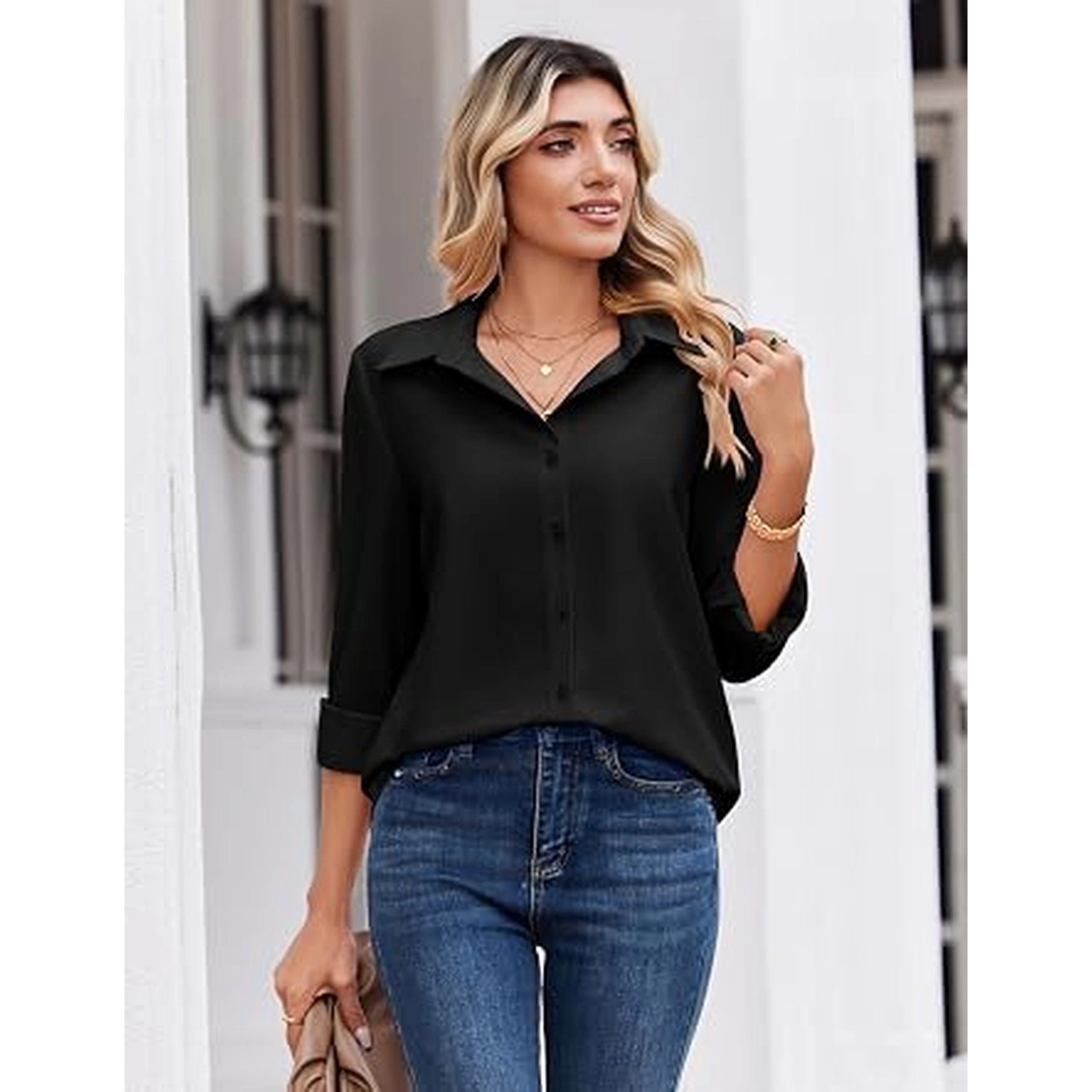 Zeagoo Women's Button Down Shirts, Business Casual White Floral Dressy Tops Long Sleeve Work Blouses